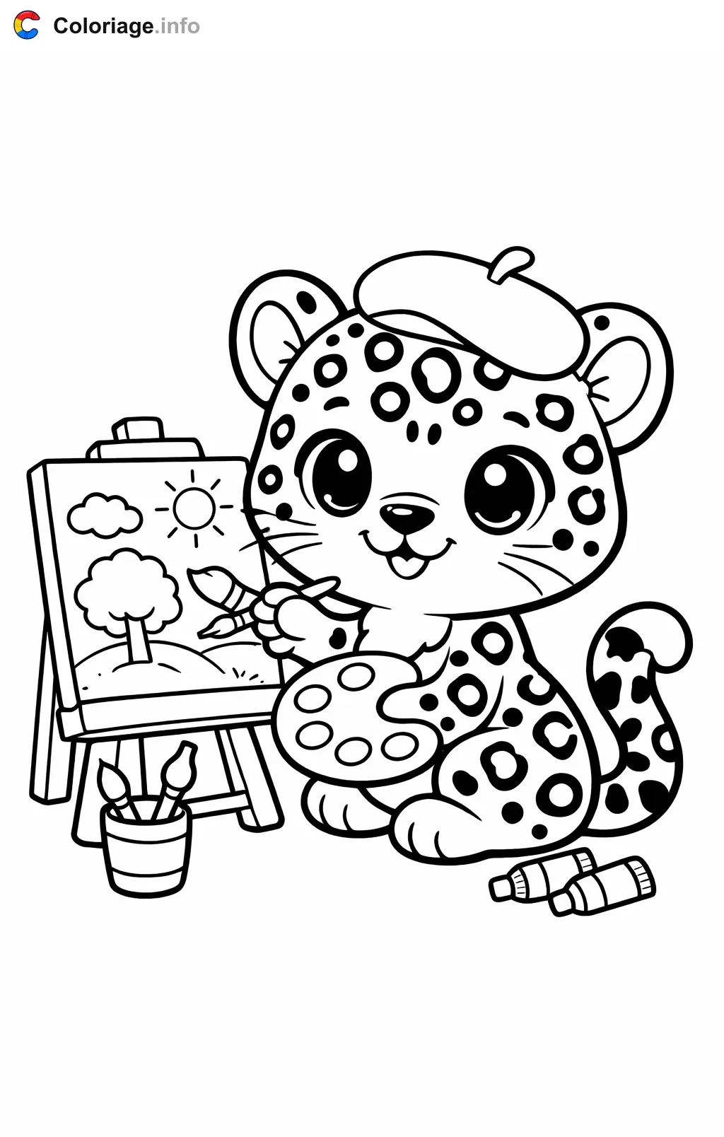 Coloriage Jaguar qui peint un tableau - Jaguar à imprimer
