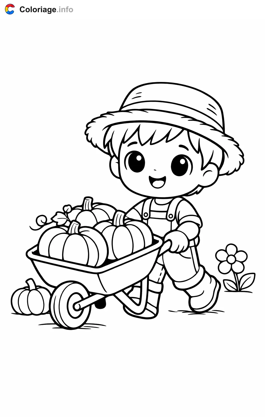 Coloriage Jardinier avec sa brouette de citrouilles - Jardinier à imprimer