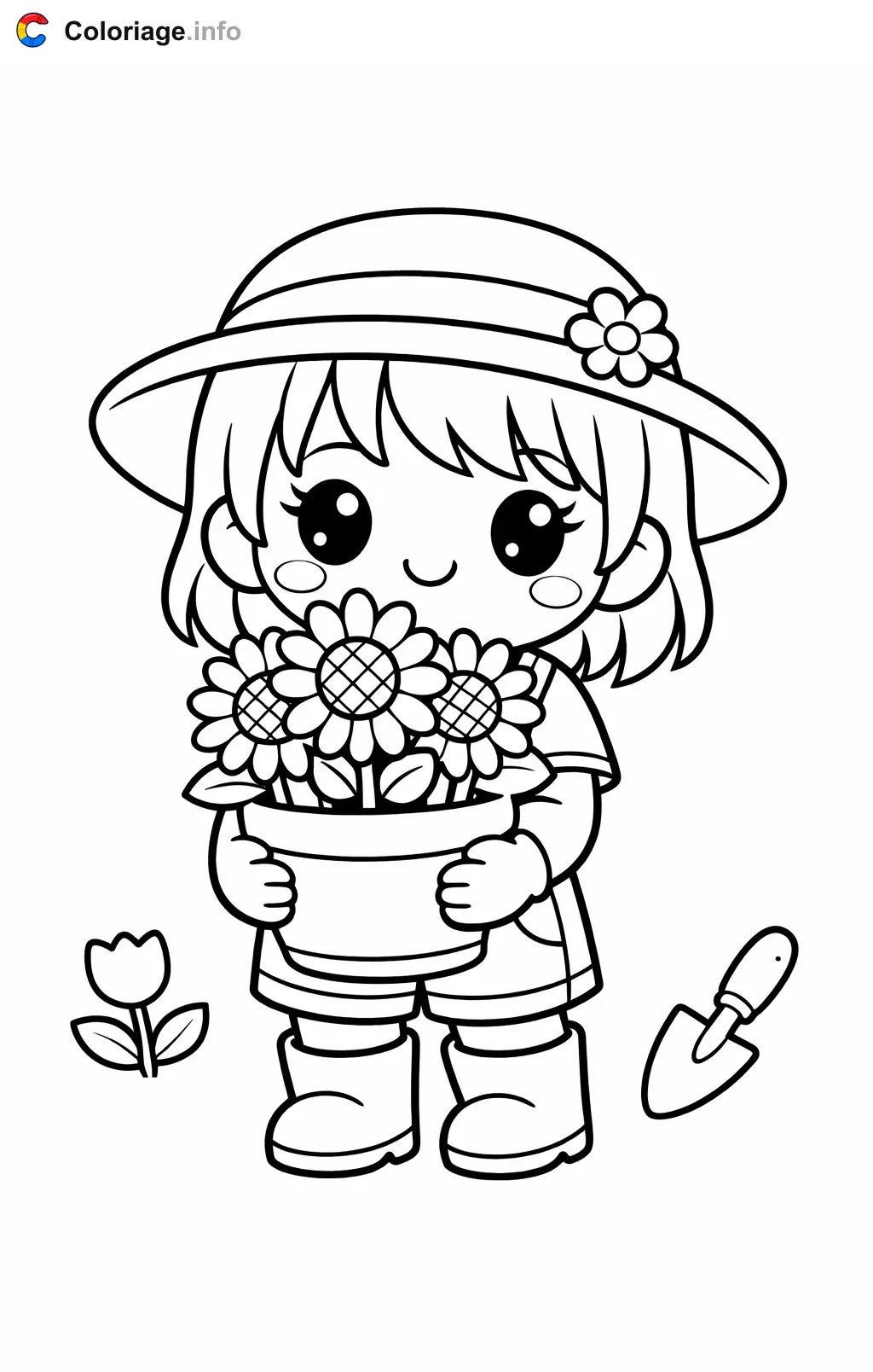 Coloriage Jardinier avec un pot de tournesols - Jardinier à imprimer