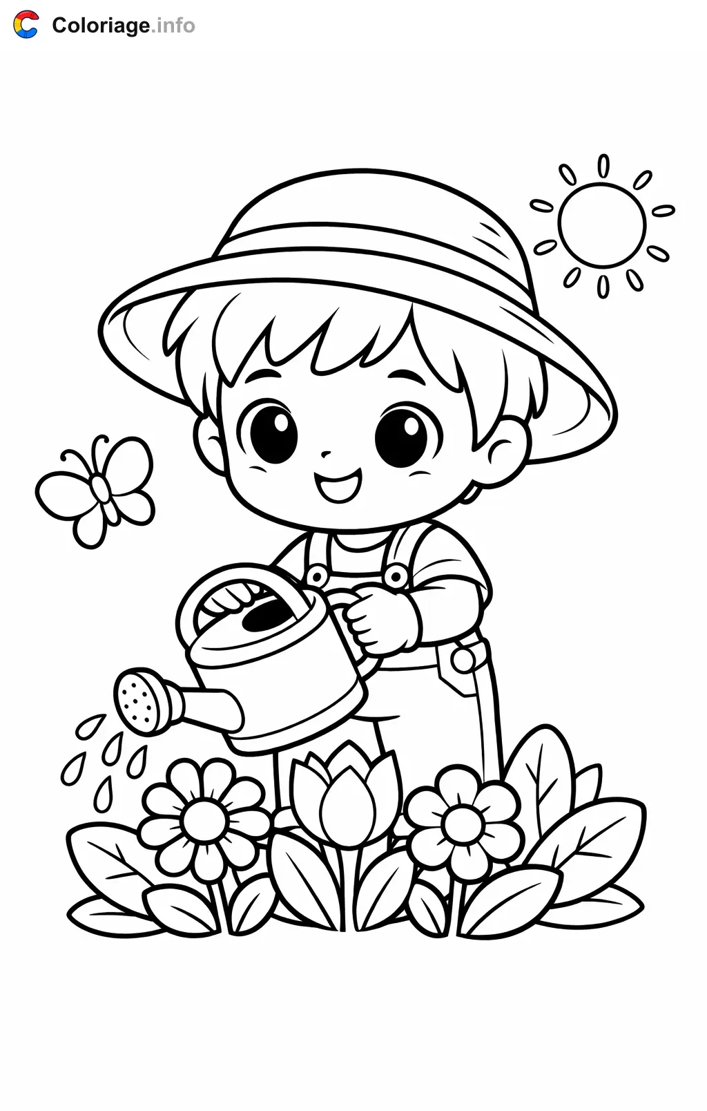 Coloriage Jardinier qui arrose les fleurs - Jardinier à imprimer