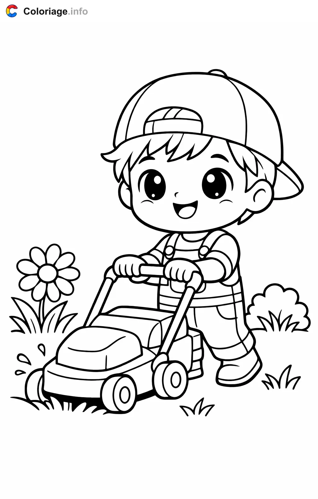 Coloriage Jardinier qui tond la pelouse - Jardinier à imprimer