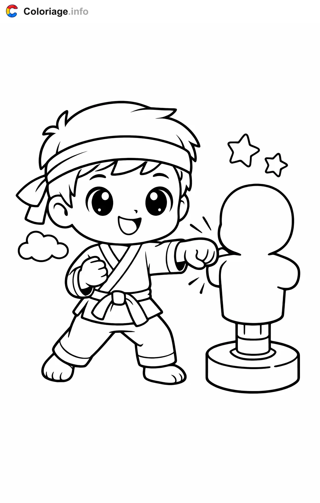 Coloriage Karaté qui frappe le mannequin - Karaté à imprimer