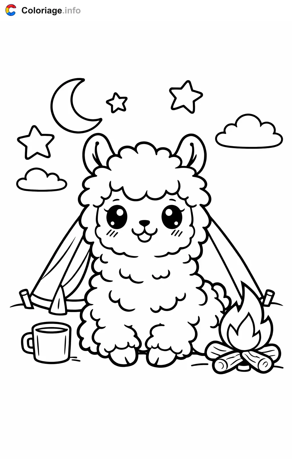 Coloriage Lama qui campe sous les etoiles - Lama à imprimer
