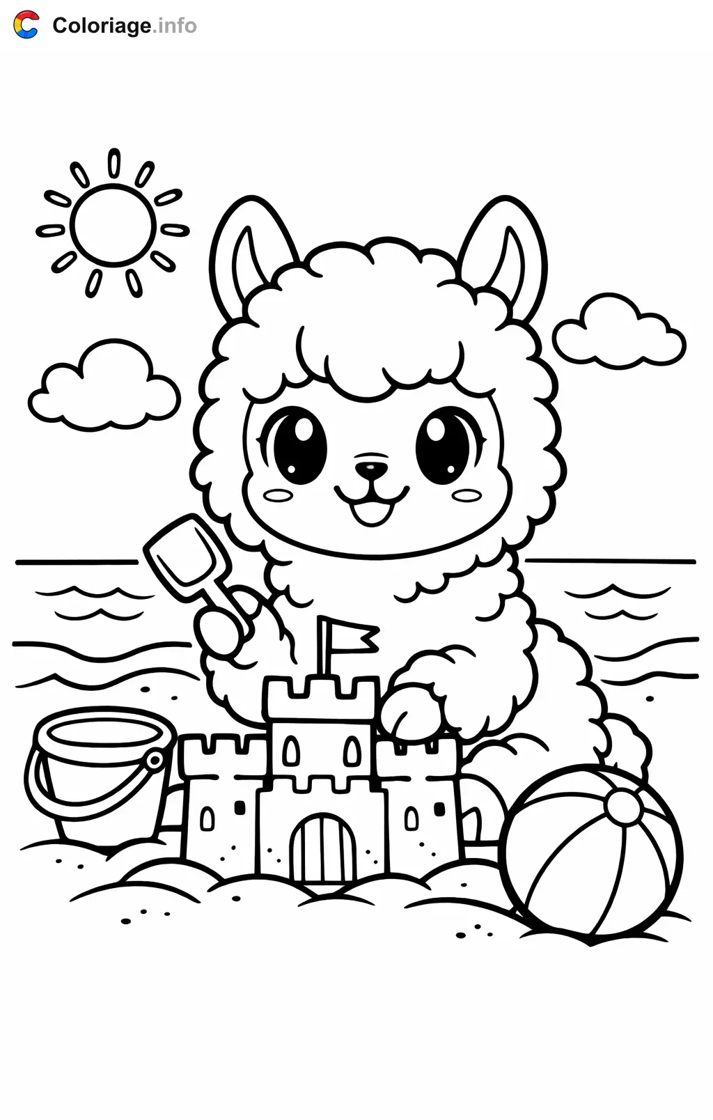 Coloriage Lama qui construit un chateau de sable - Lama à imprimer