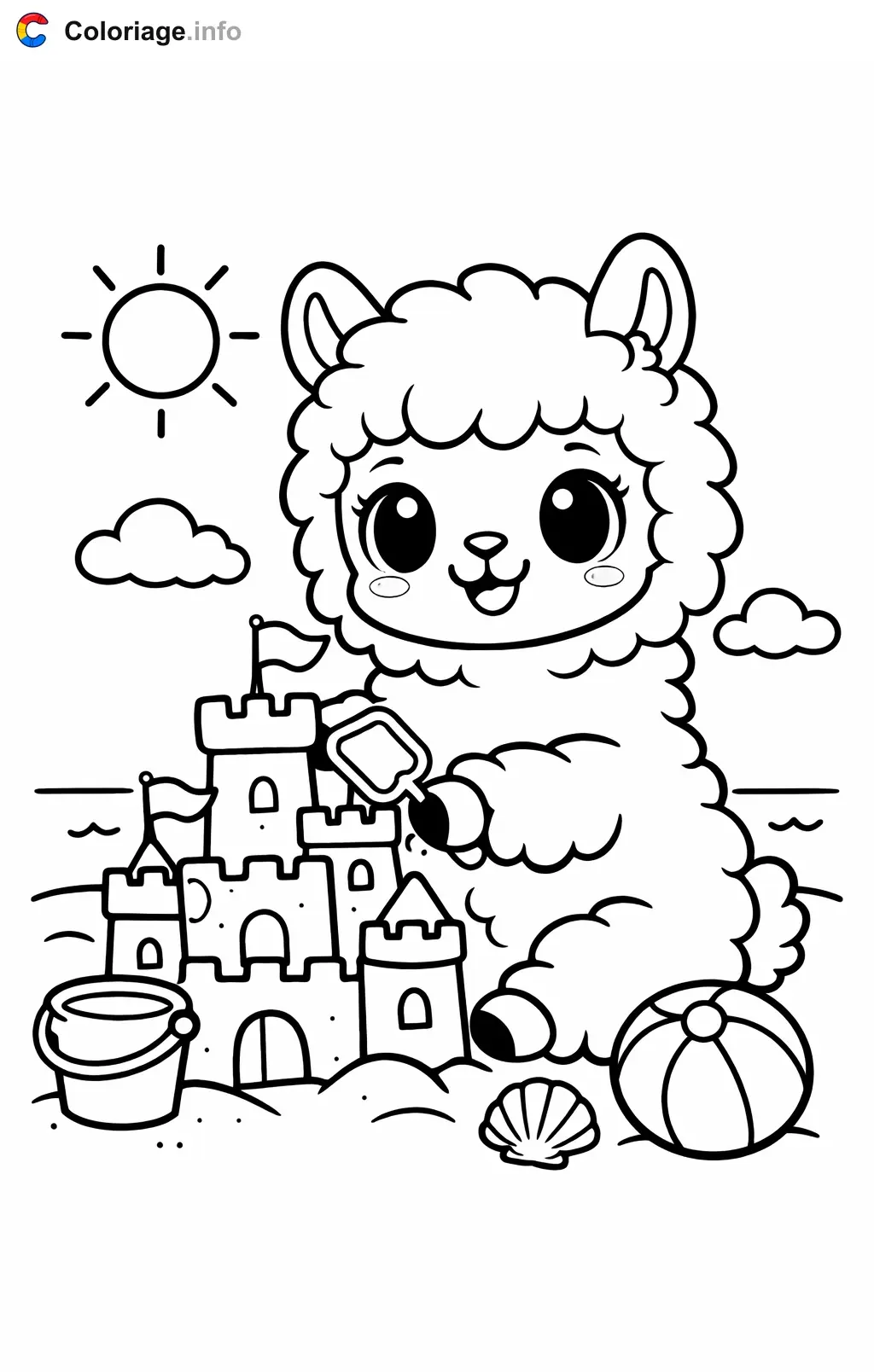 Coloriage Lama qui construit un chateau de sable - Lama à imprimer