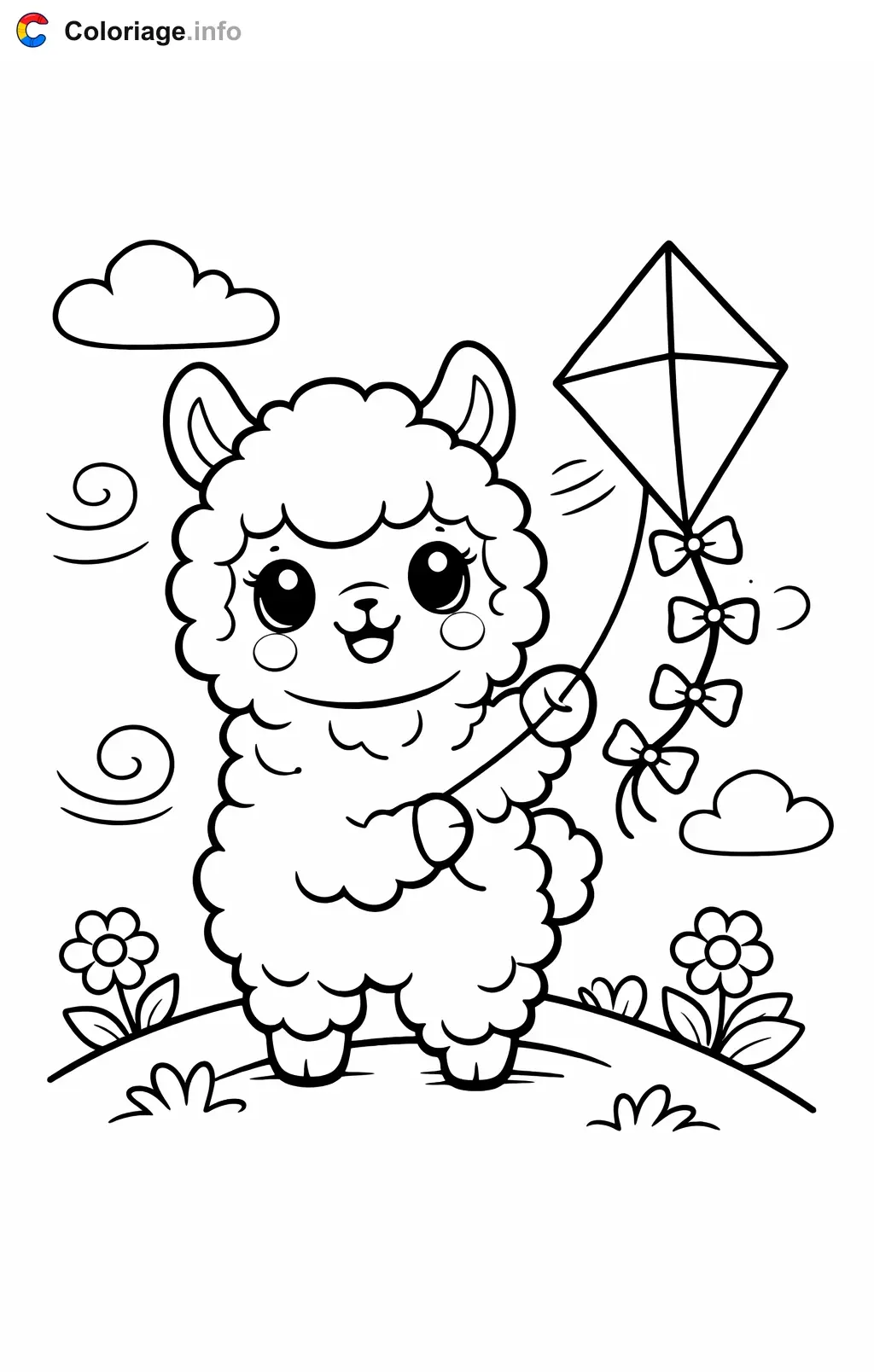 Coloriage Lama qui fait voler un cerf-volant - Lama à imprimer