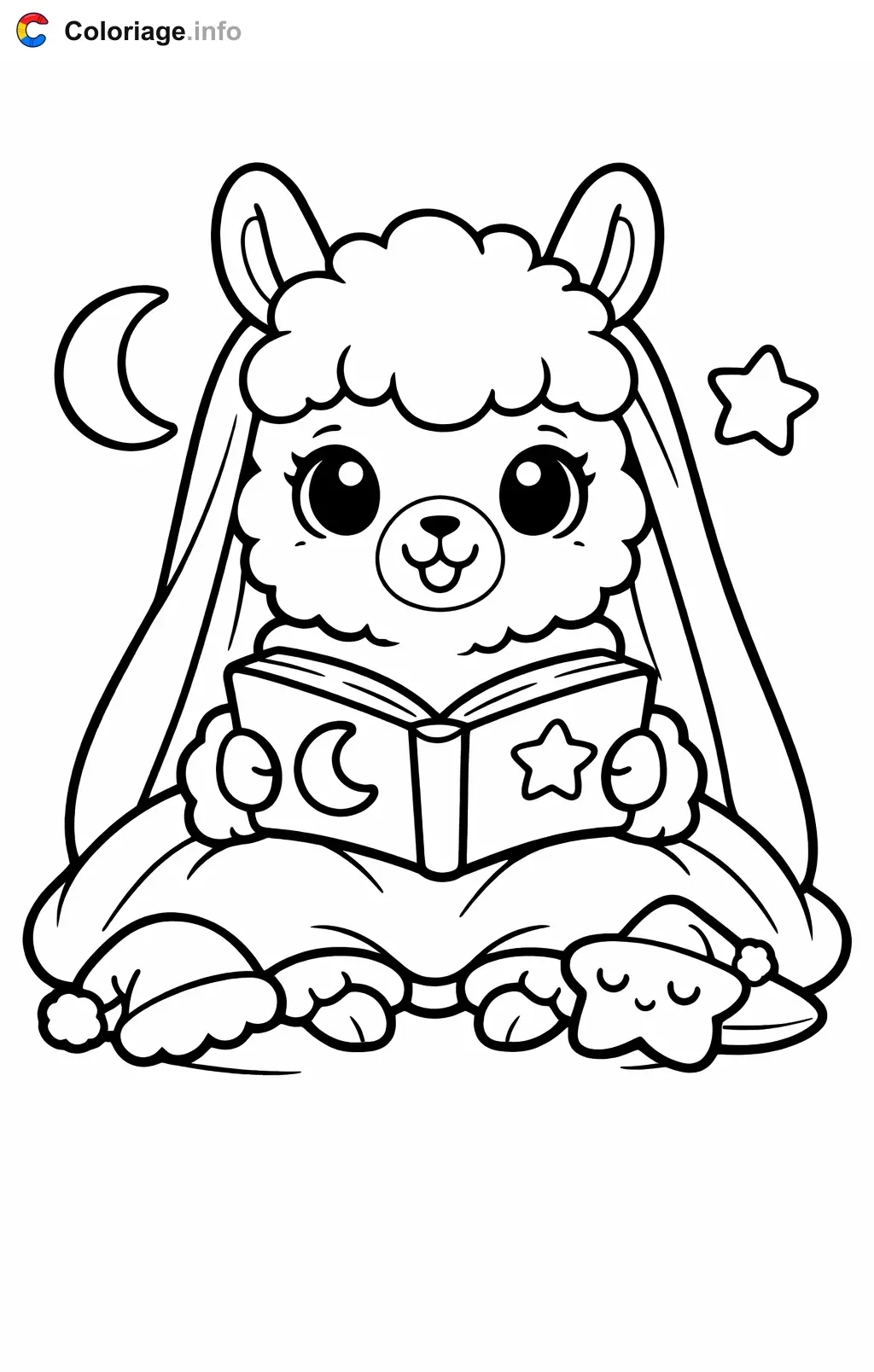 Coloriage Lama qui lit une histoire du soir - Lama à imprimer