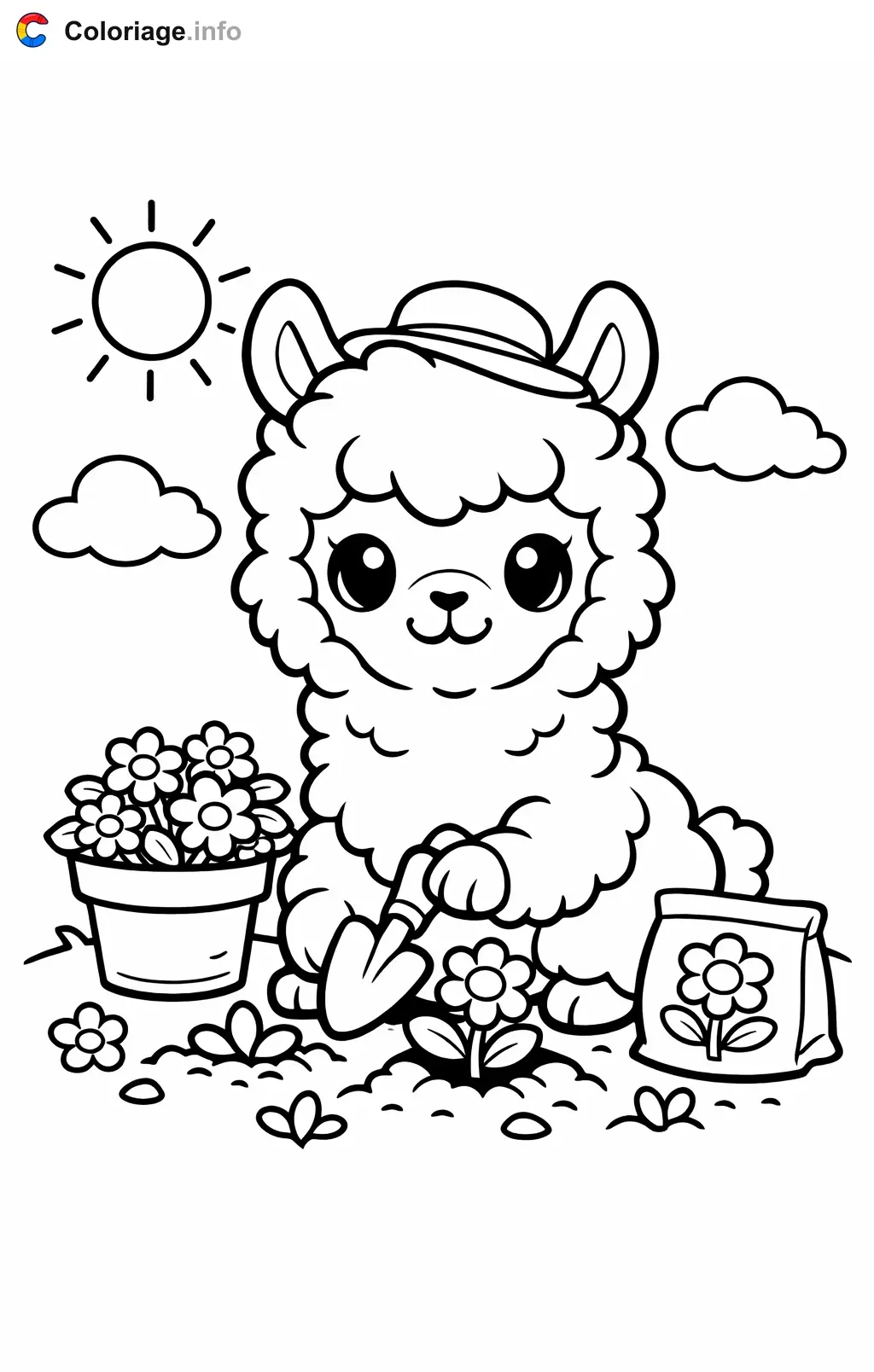 Coloriage Lama qui plante des fleurs - Lama à imprimer
