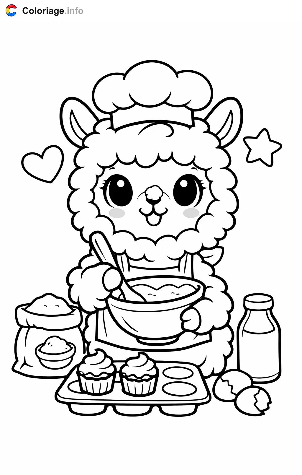 Coloriage Lama qui prepare des cupcakes - Lama à imprimer