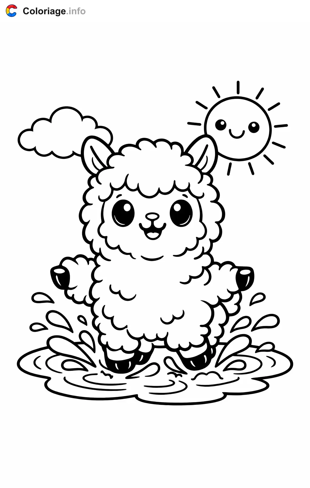 Coloriage Lama qui saute dans les flaques - Lama à imprimer