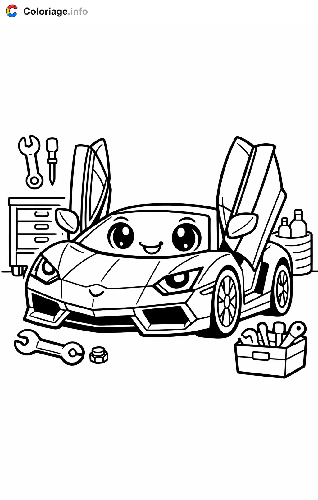 Coloriage Lamborghini au garage en réparation - Lamborghini à imprimer