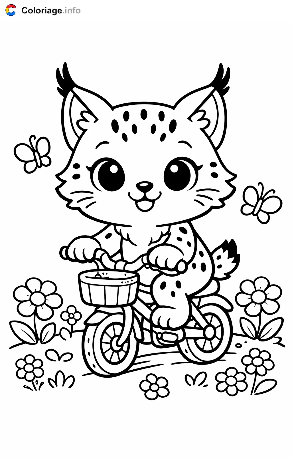 Coloriage Lynx à vélo dans les fleurs - Lynx à imprimer