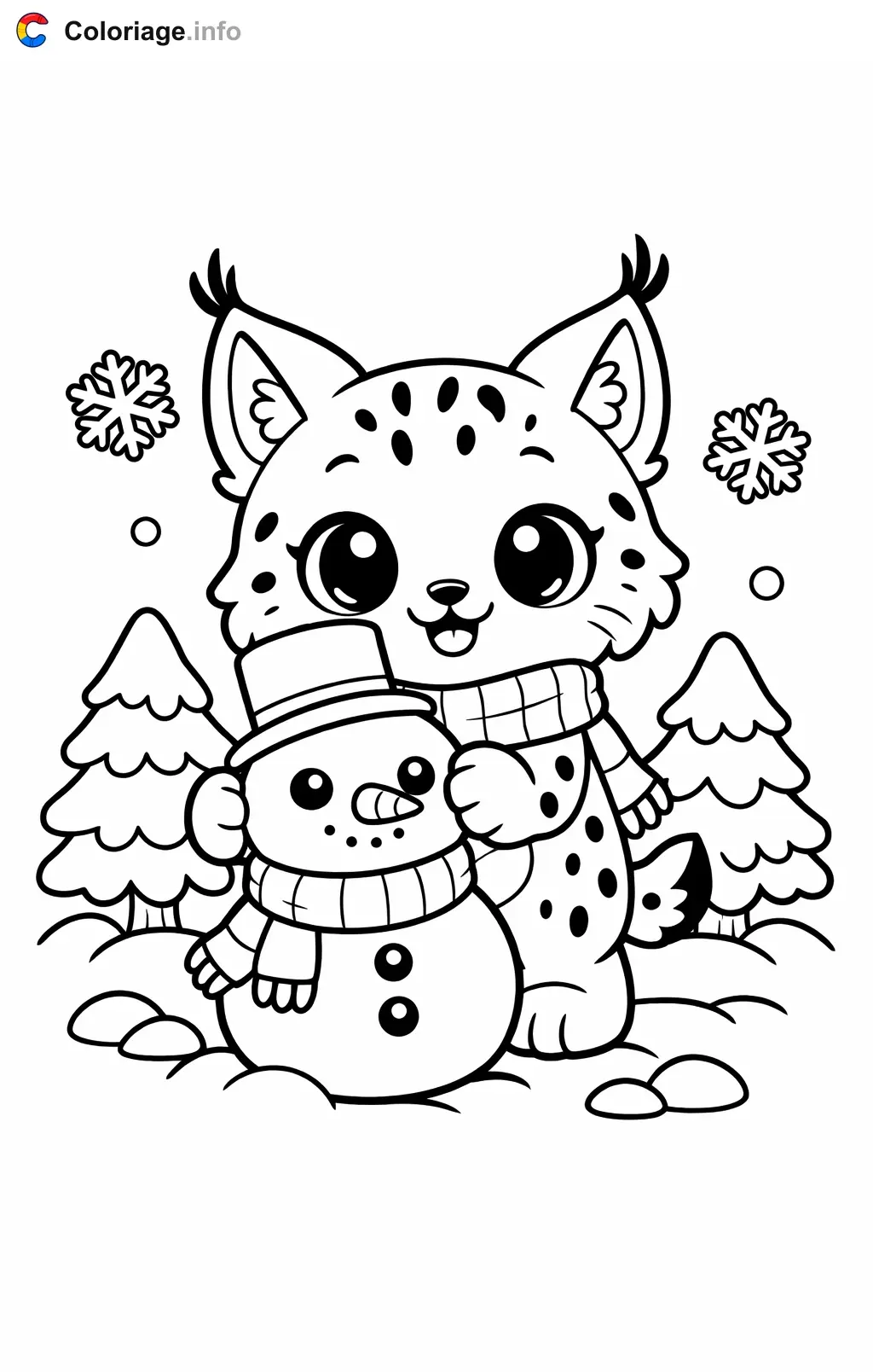 Coloriage Lynx qui construit un bonhomme de neige - Lynx à imprimer