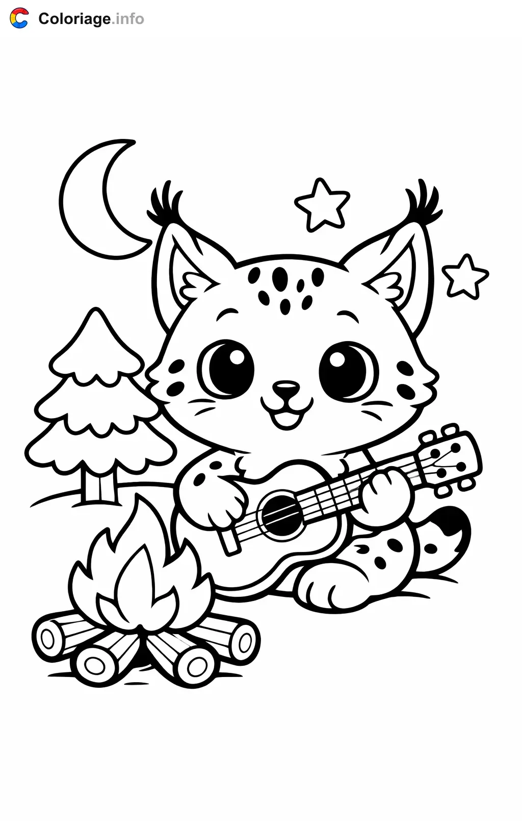 Coloriage Lynx qui joue de la guitare au feu de camp - Lynx à imprimer