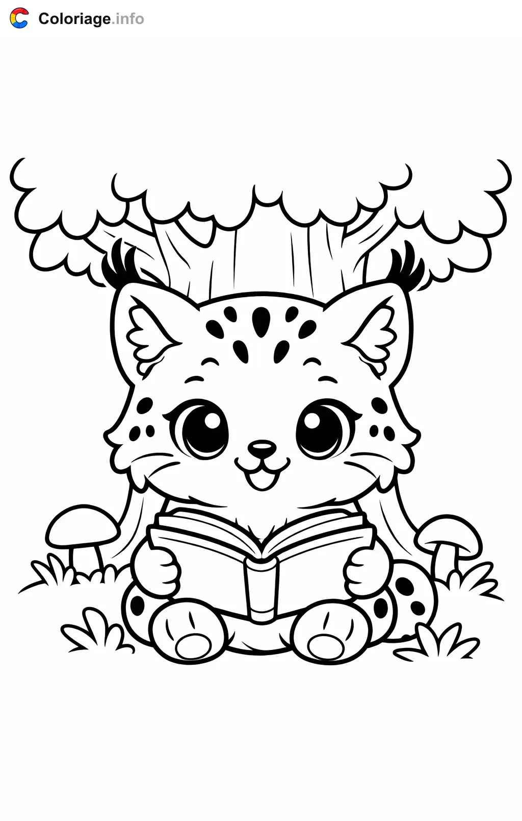Coloriage Lynx qui lit sous un arbre - Lynx à imprimer