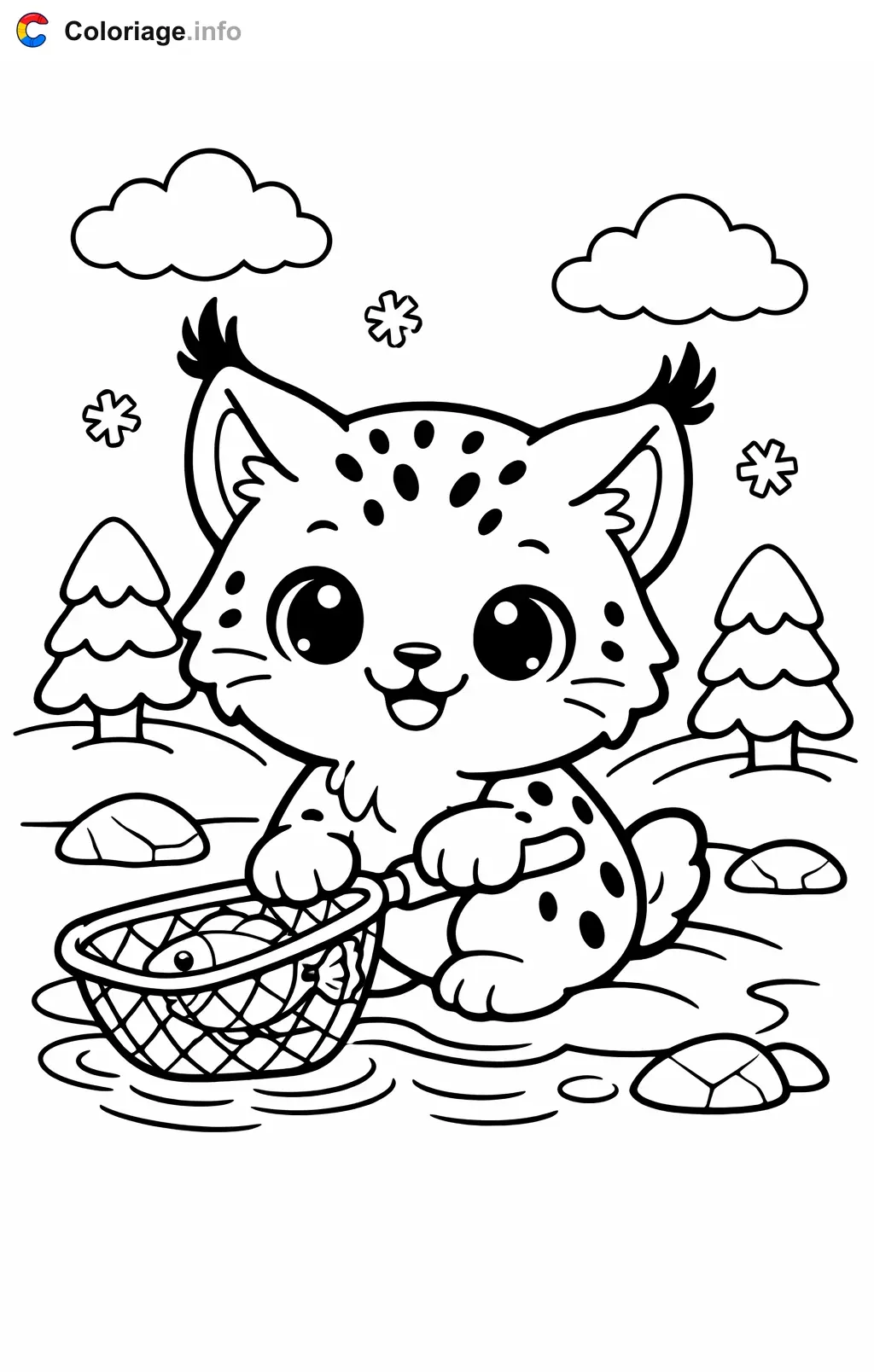 Coloriage Lynx qui pêche dans la rivière - Lynx à imprimer