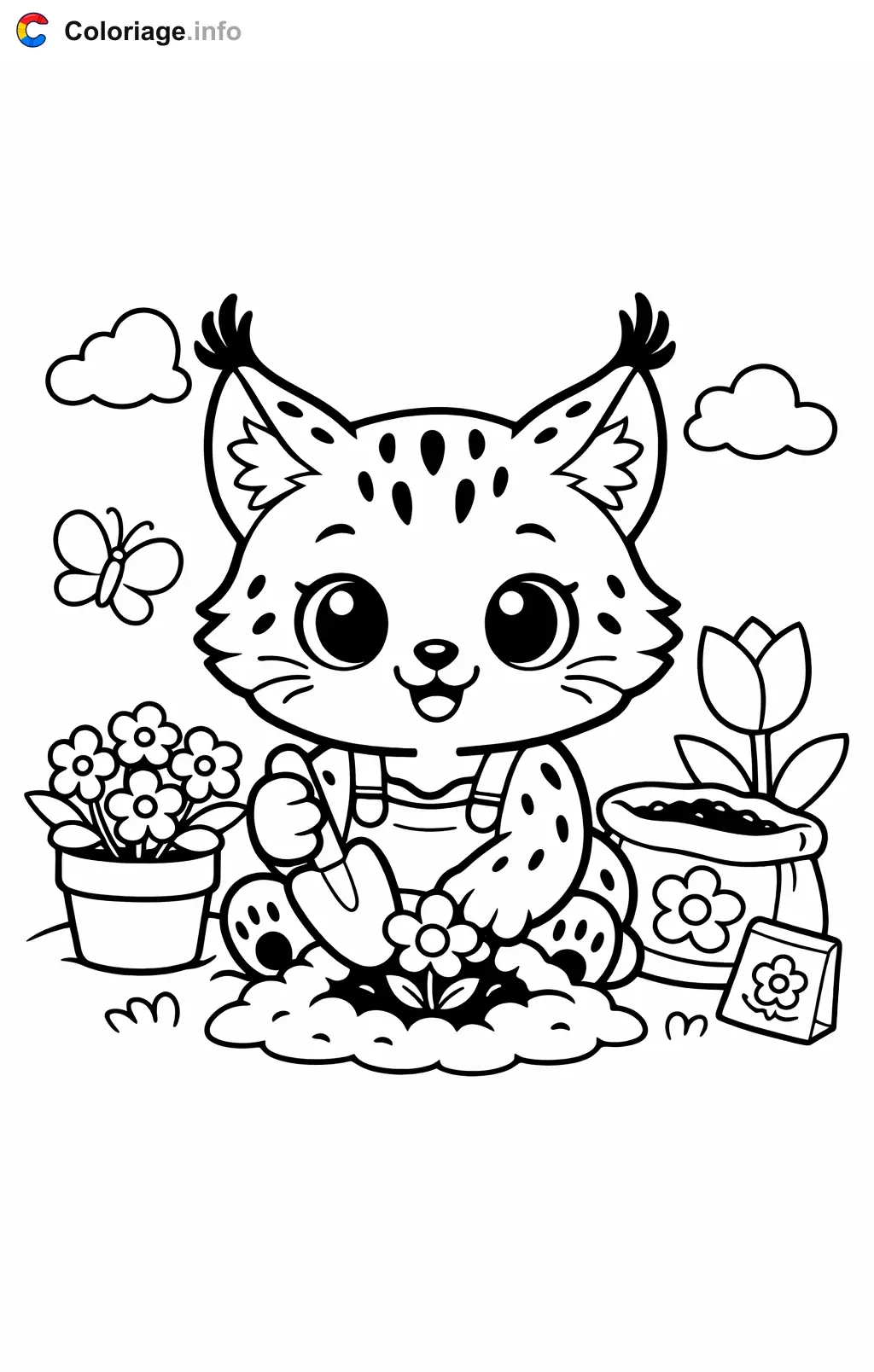 Coloriage Lynx qui plante des fleurs - Lynx à imprimer