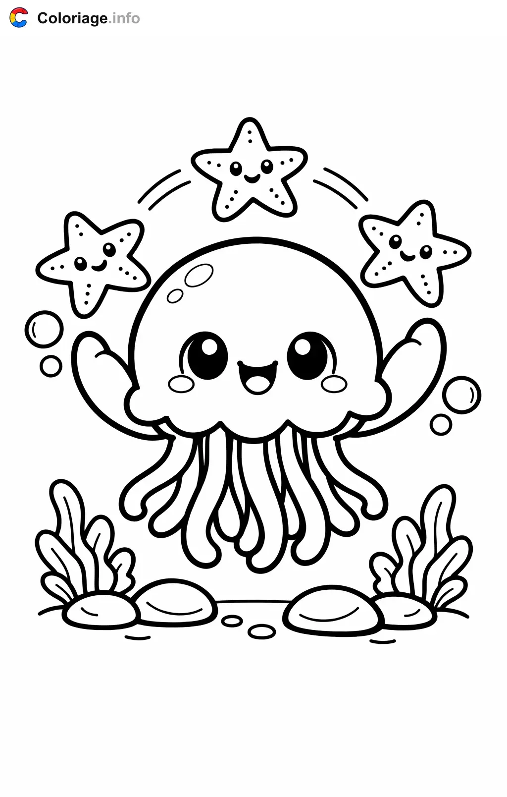 Coloriage Méduse qui jongle avec des etoiles de mer - Méduse à imprimer
