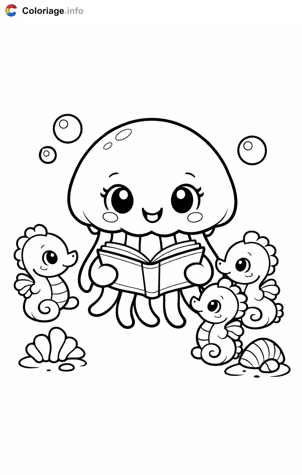 Coloriage Méduse qui lit une histoire - Méduse à imprimer