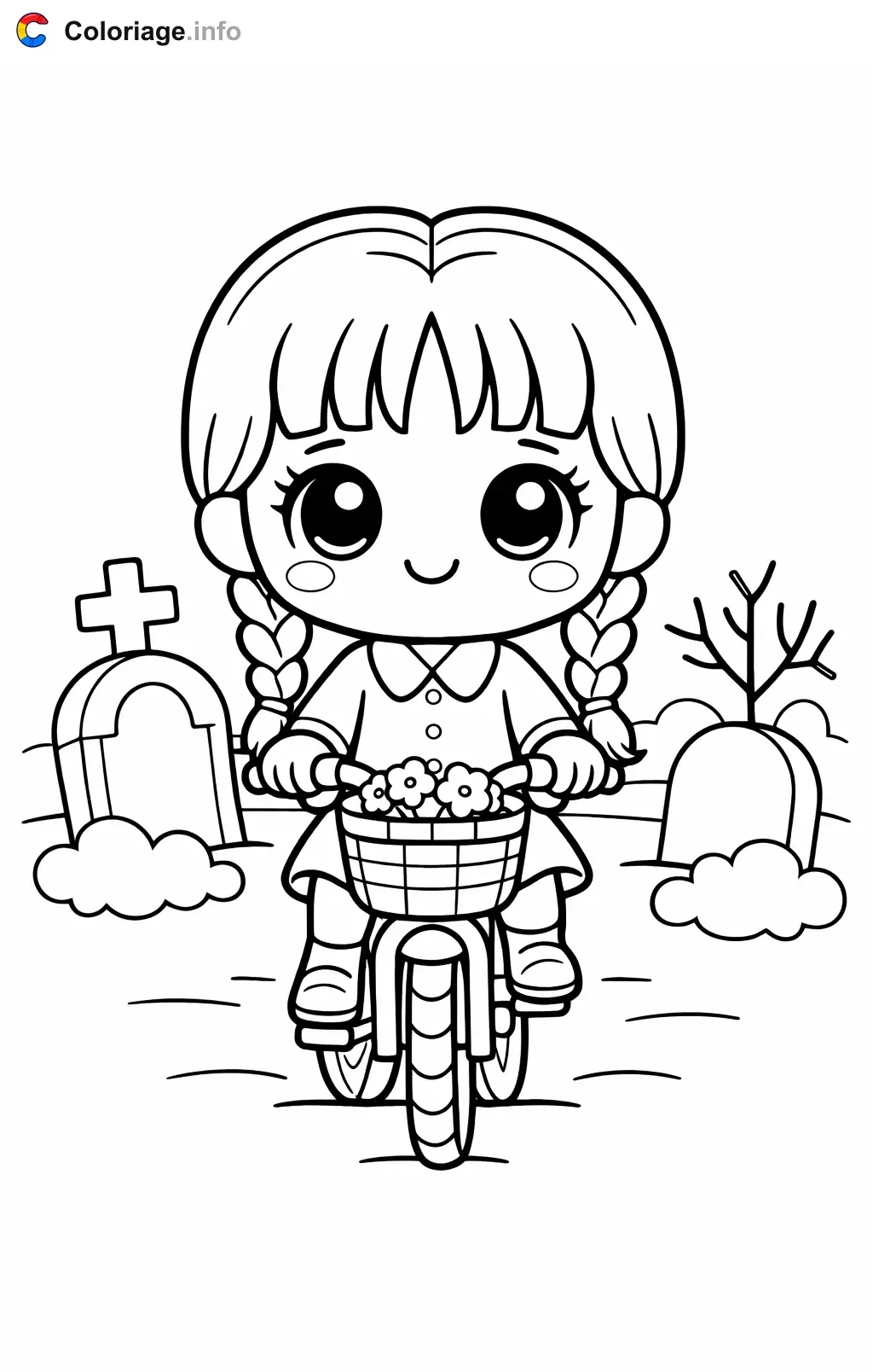 Coloriage Mercredi Addams à vélo au cimetière - Mercredi Addams à imprimer