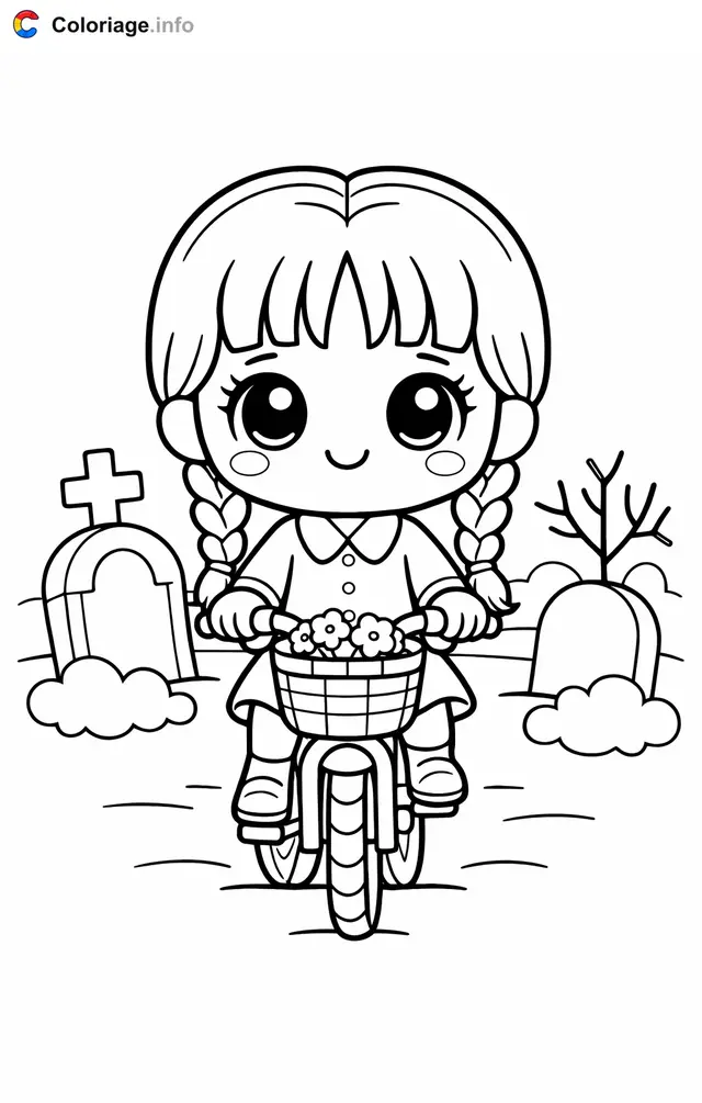 Desenho de Quarta-feira Addams de bicicleta no cemitério para colorir