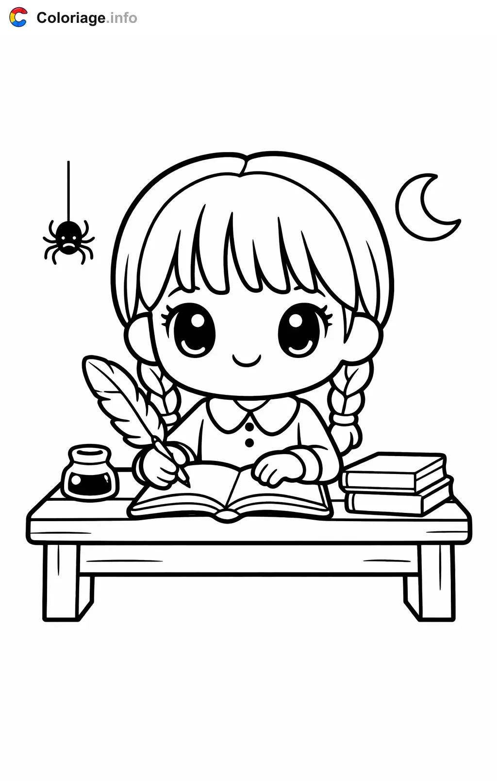 Coloriage Mercredi Addams qui écrit une histoire - Mercredi Addams à imprimer