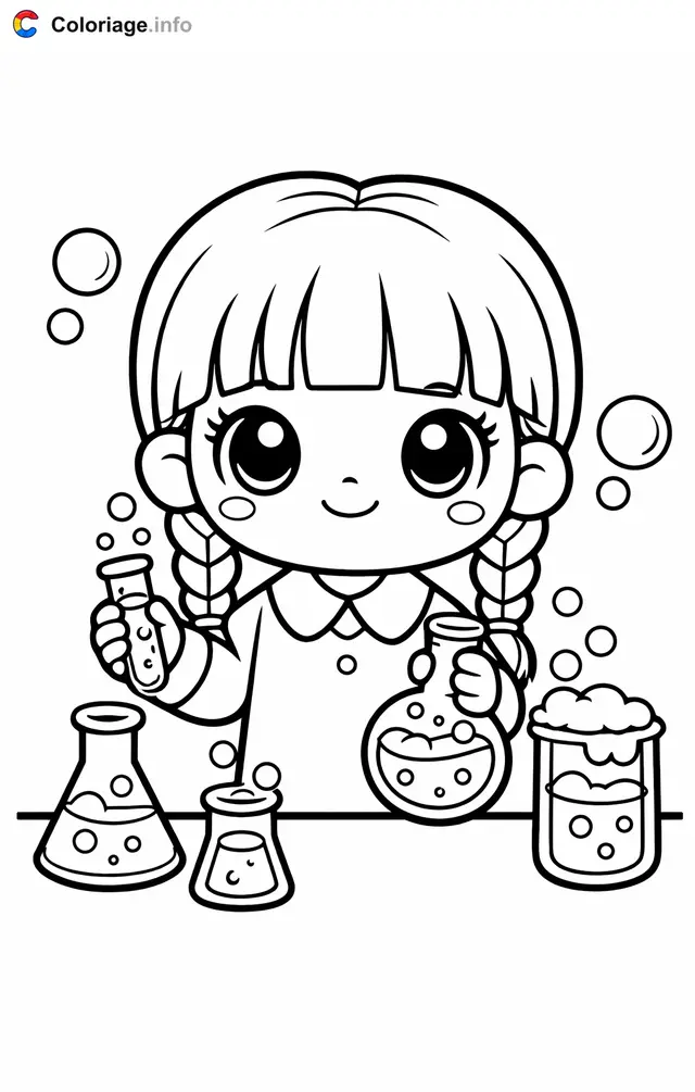Desenho de Quarta-feira Addams fazendo um experimento para colorir