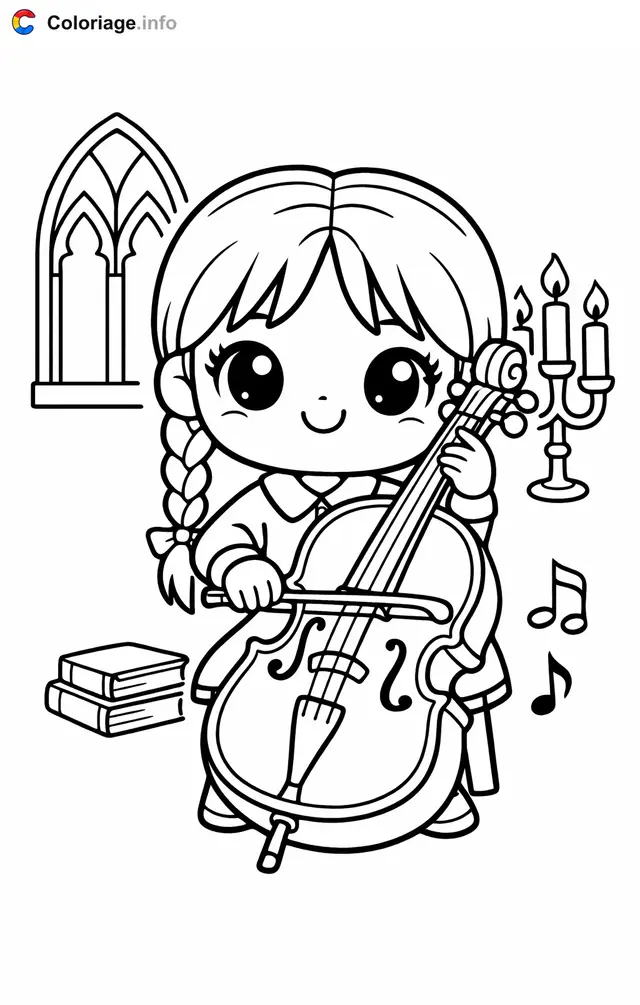 Desenho de Quarta-feira Addams tocando violoncelo para colorir