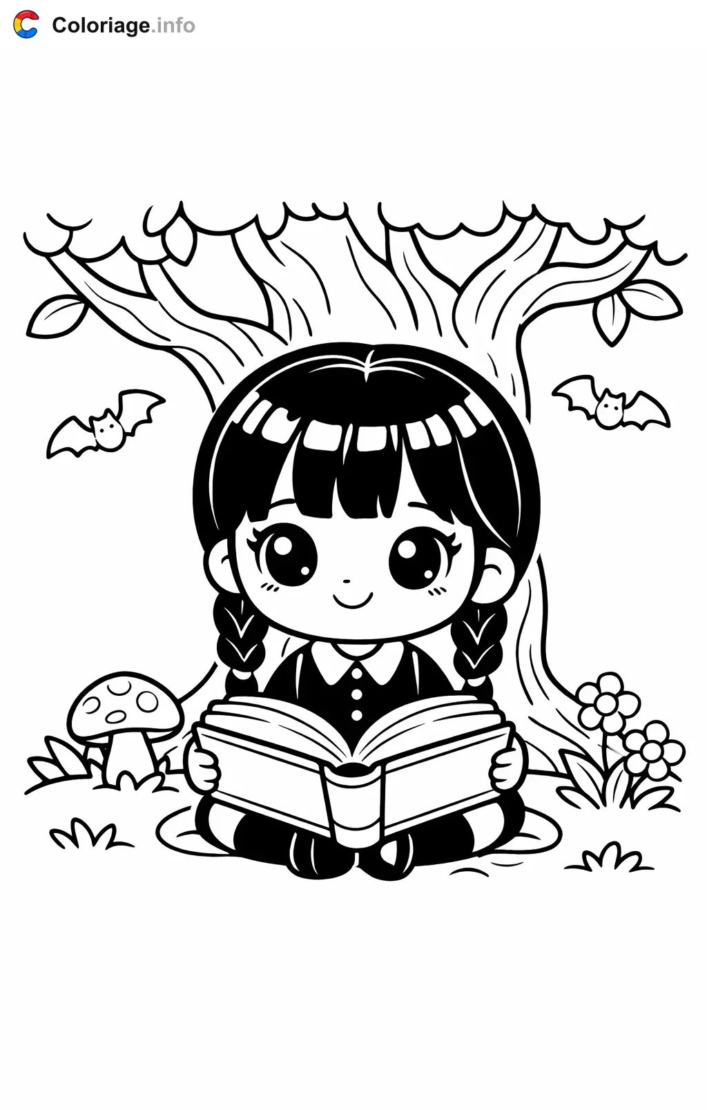 Coloriage Mercredi Addams qui lit un livre - Mercredi Addams à imprimer