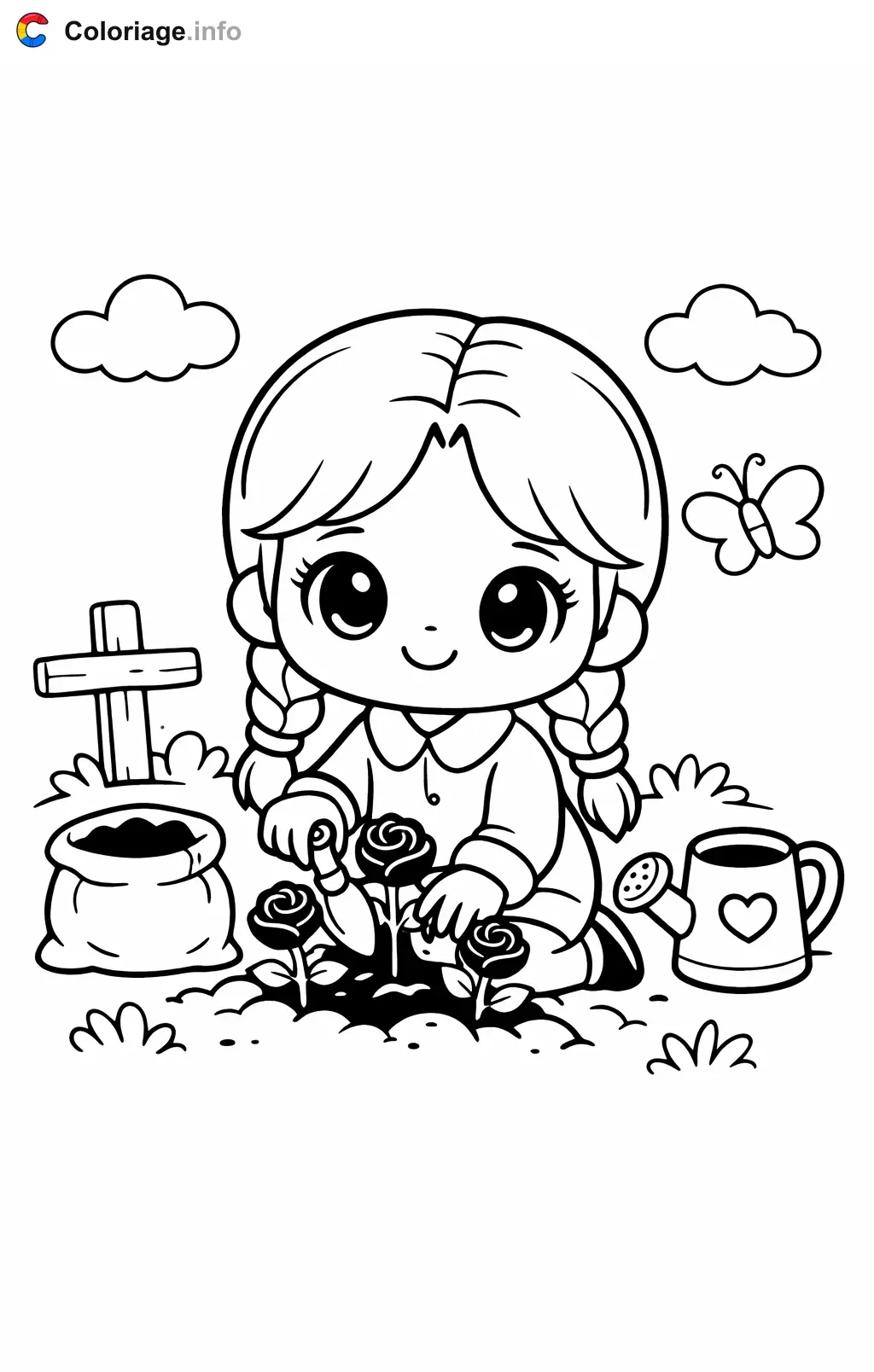 Coloriage Mercredi Addams qui plante des roses noires - Mercredi Addams à imprimer