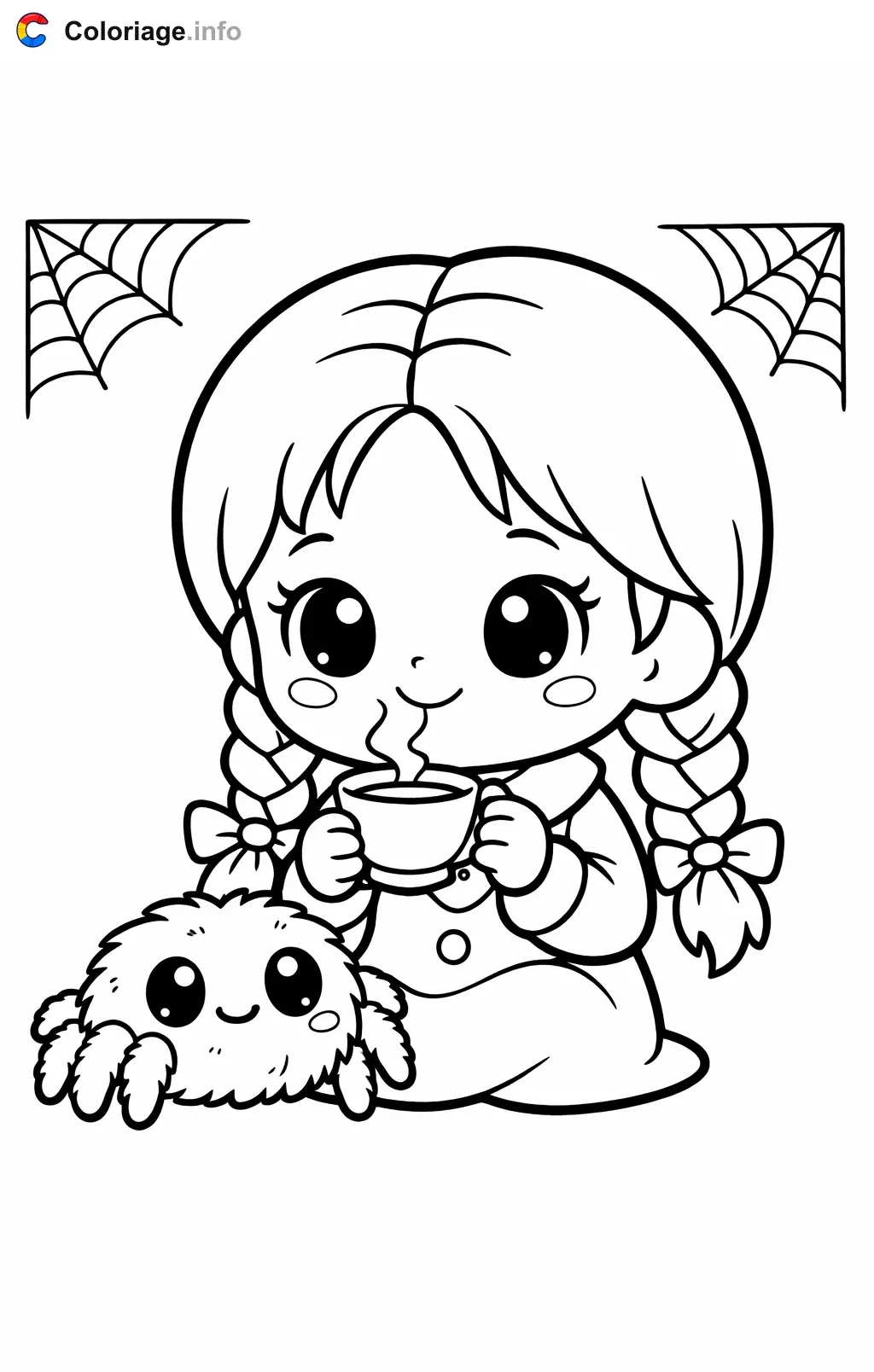 Coloriage Mercredi Addams qui prend le thé - Mercredi Addams à imprimer