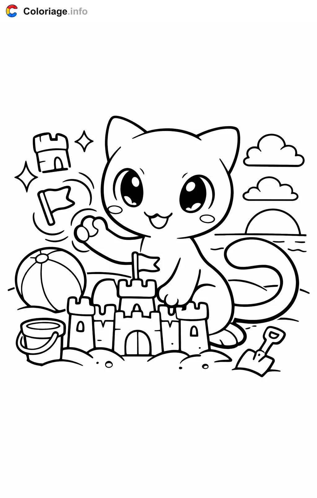 Coloriage Mewtwo qui construit un château de sable - Mewtwo à imprimer