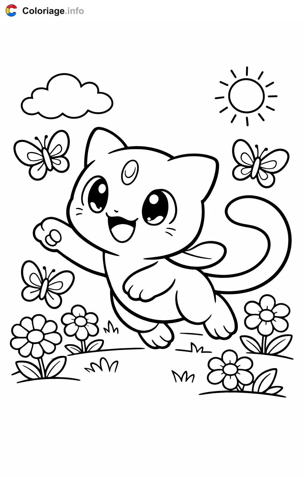 Coloriage Mewtwo qui court après des papillons - Mewtwo à imprimer