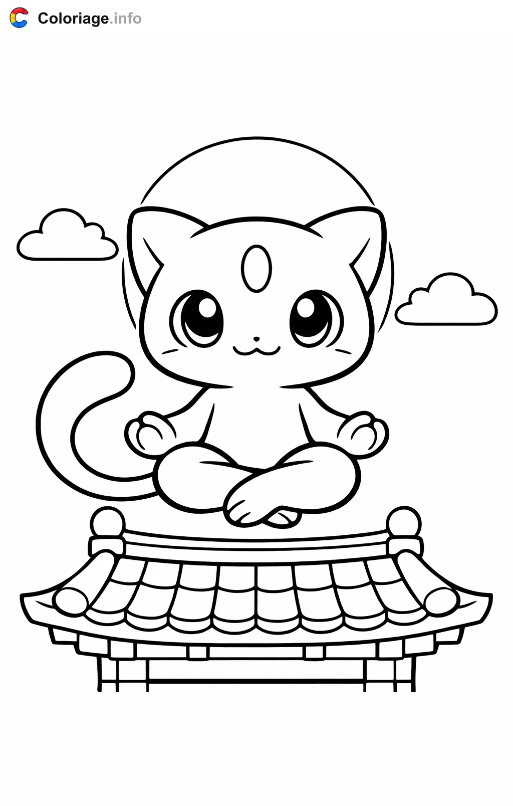 Coloriage Mewtwo qui médite sur un toit - Mewtwo à imprimer