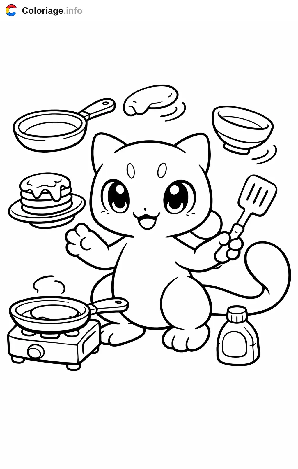 Coloriage Mewtwo qui prépare des crêpes en cuisine - Mewtwo à imprimer
