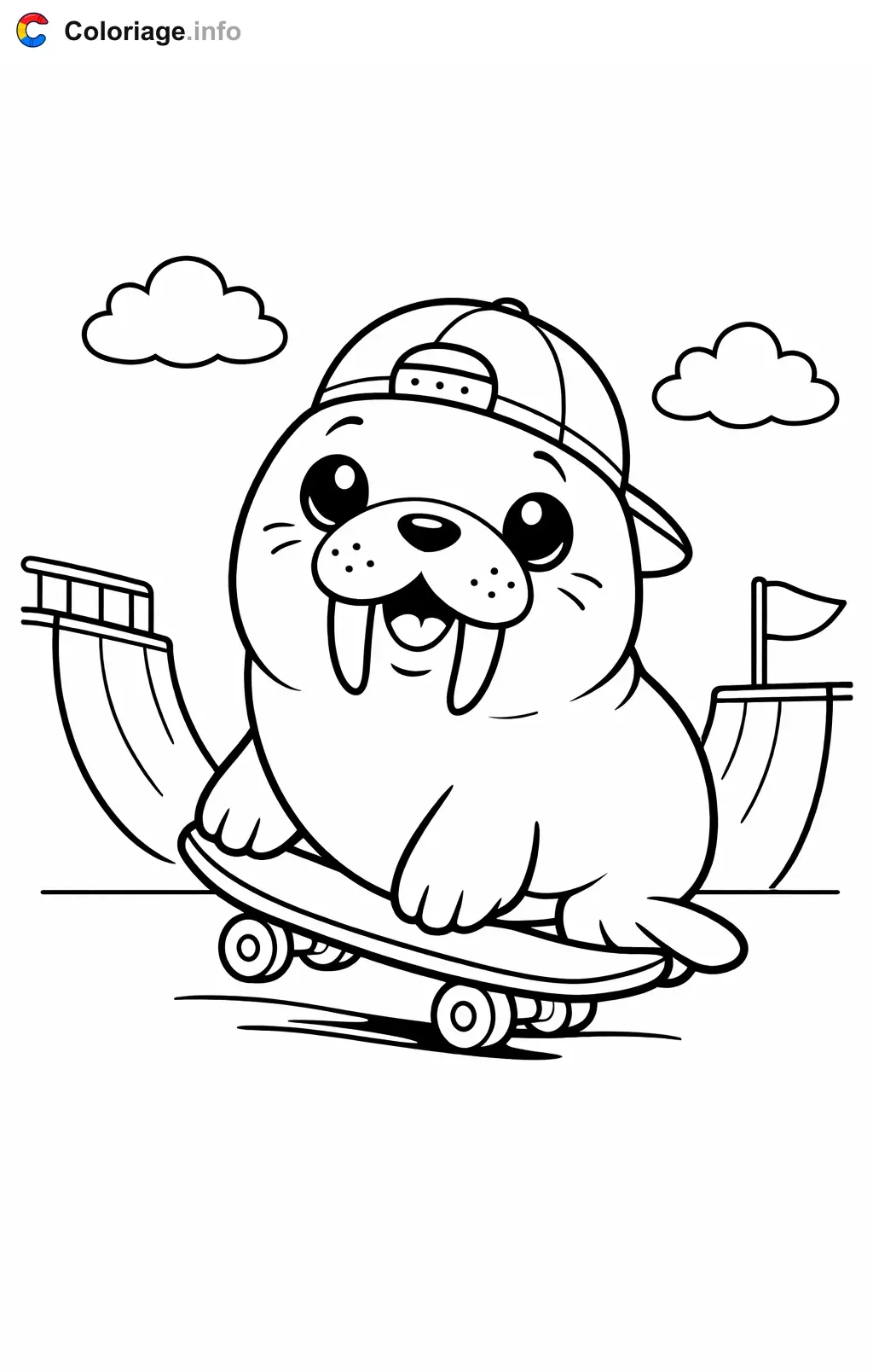 Coloriage Morse qui fait du skateboard - Morse à imprimer