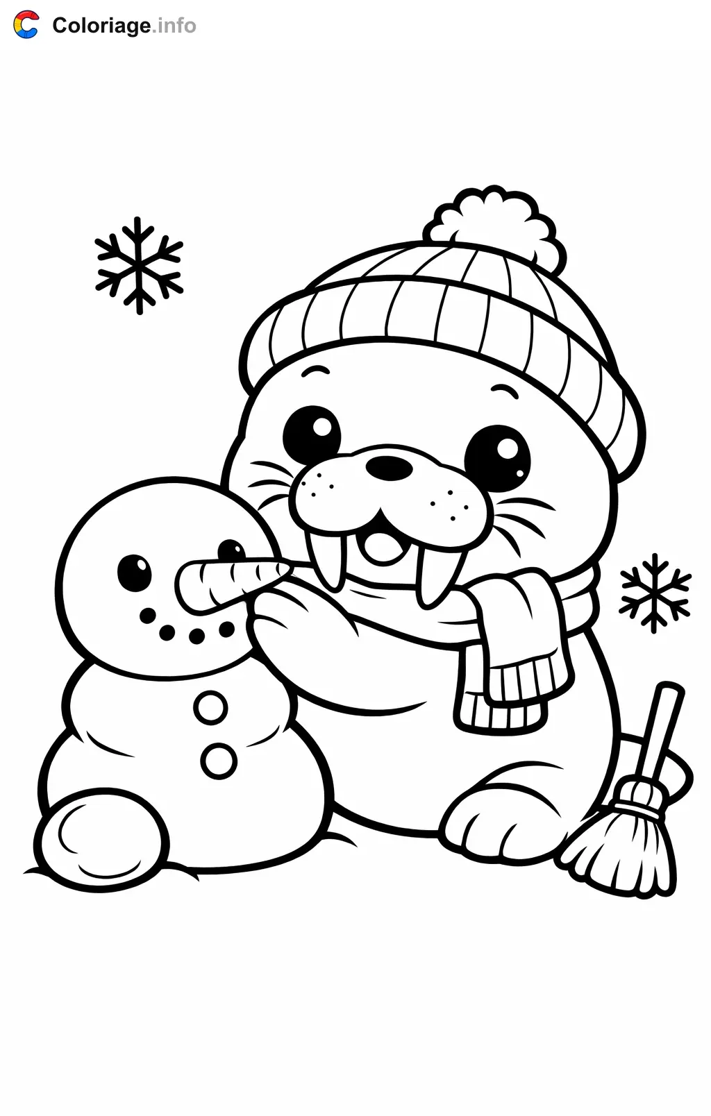 Coloriage Morse qui fait un bonhomme de neige - Morse à imprimer