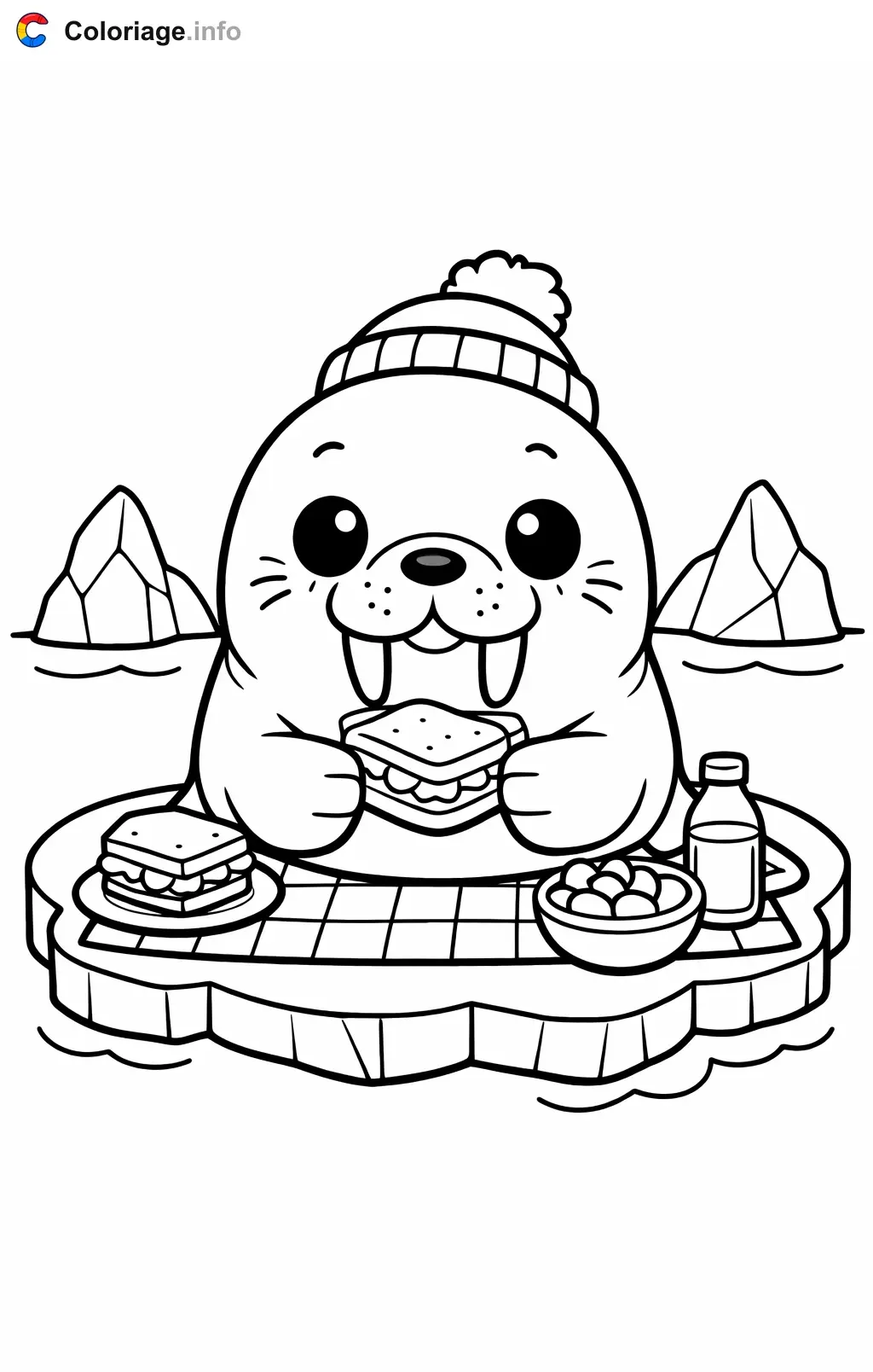 Coloriage Morse qui fait un pique-nique - Morse à imprimer