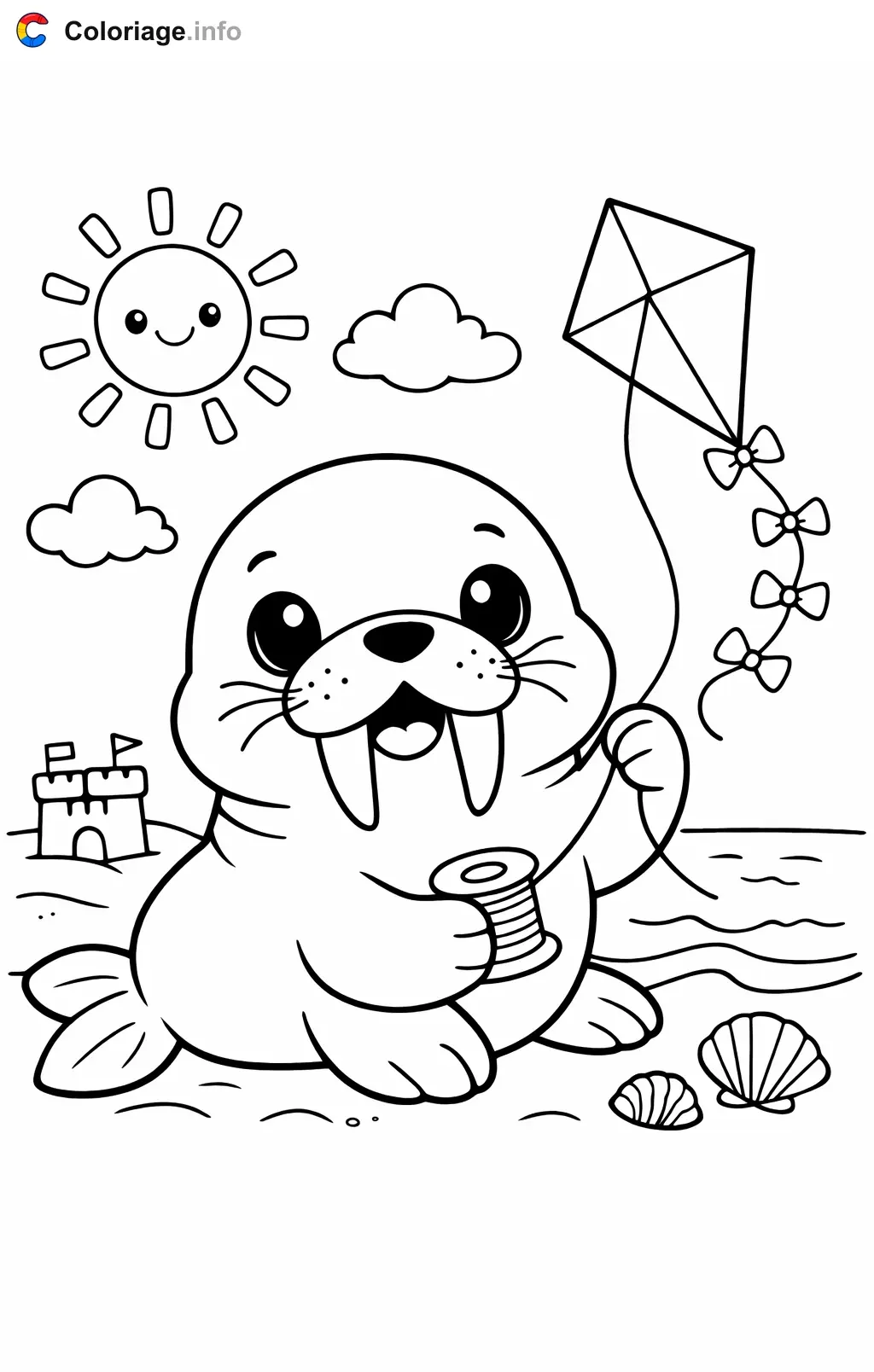 Coloriage Morse qui fait voler un cerf-volant - Morse à imprimer
