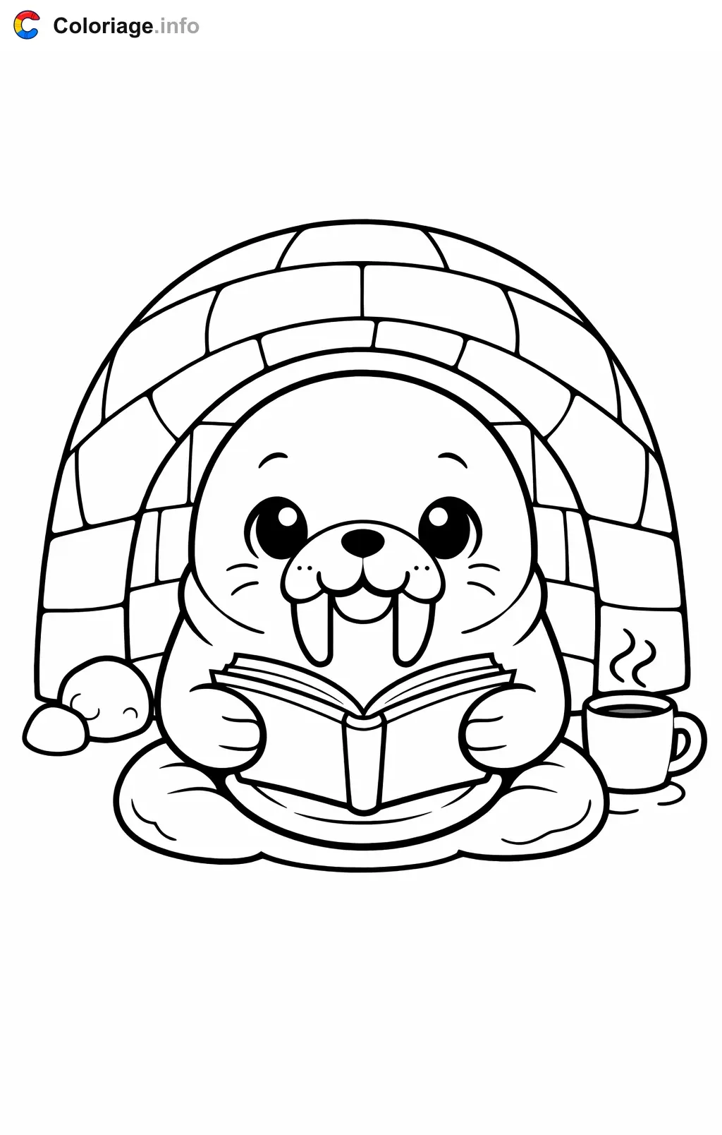 Coloriage Morse qui lit dans un igloo - Morse à imprimer