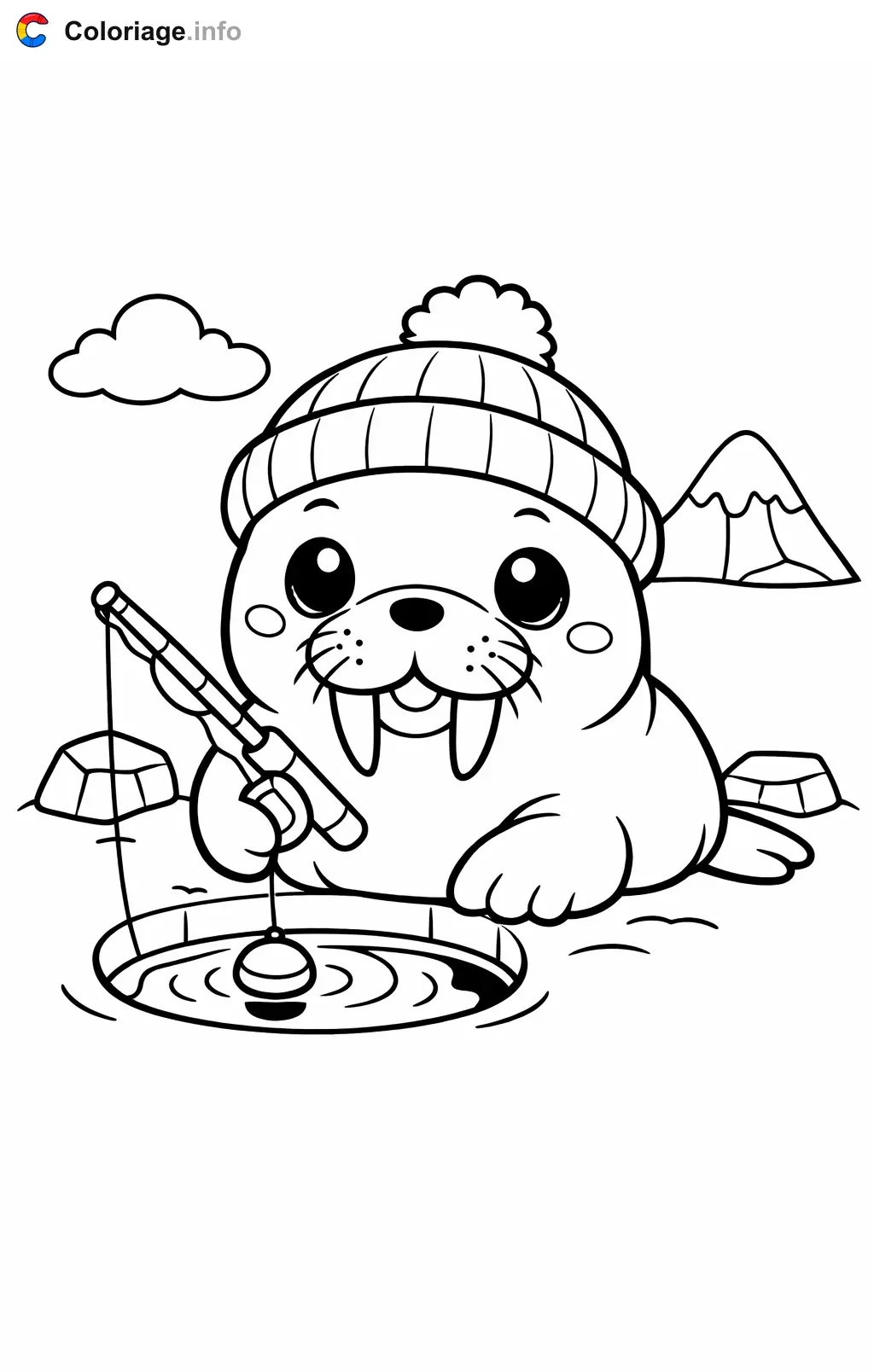 Coloriage Morse qui pêche sur la banquise - Morse à imprimer