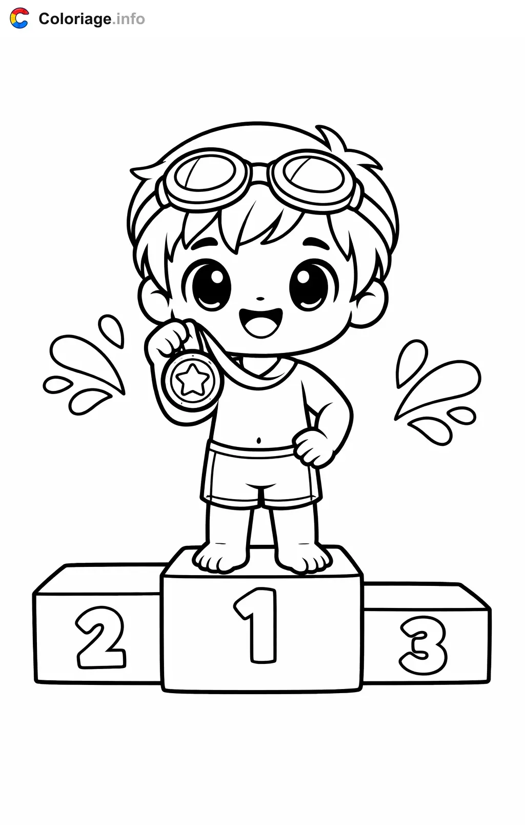 Coloriage Natation champion avec sa médaille - Natation à imprimer