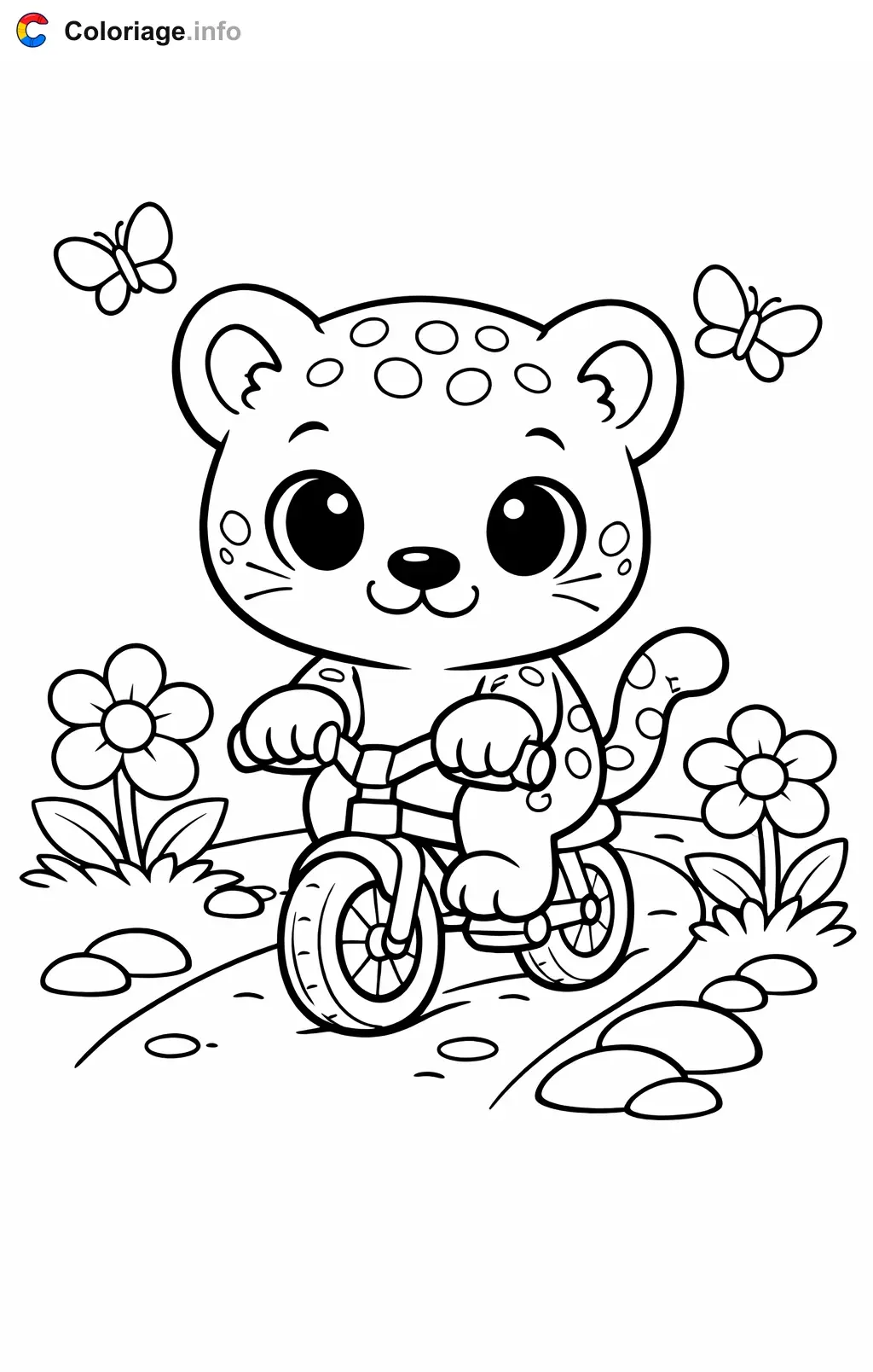 Coloriage Panthère a velo dans le jardin - Panthère à imprimer