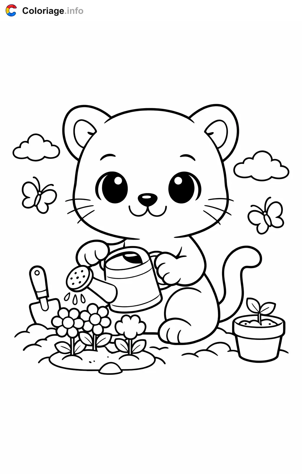 Coloriage Panthère qui plante des fleurs - Panthère à imprimer