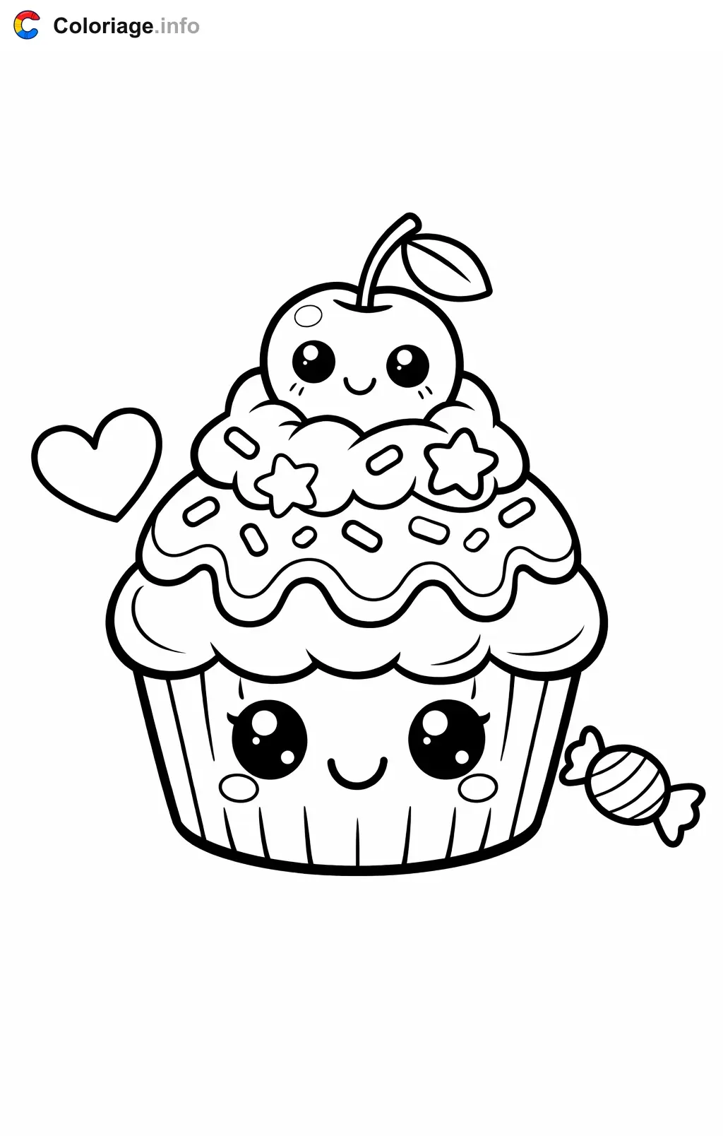 Coloriage Cupcake mignon avec pomme souriante - Pâtisserie à imprimer