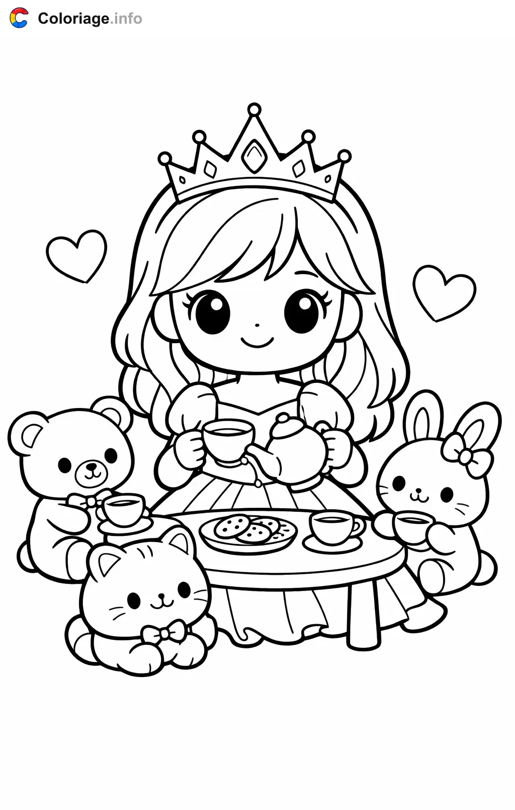 Coloriage Peach à un goûter avec ses peluches - Peach à imprimer