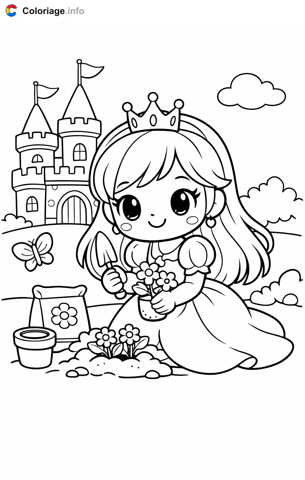 Coloriage Peach qui plante des fleurs - Peach à imprimer