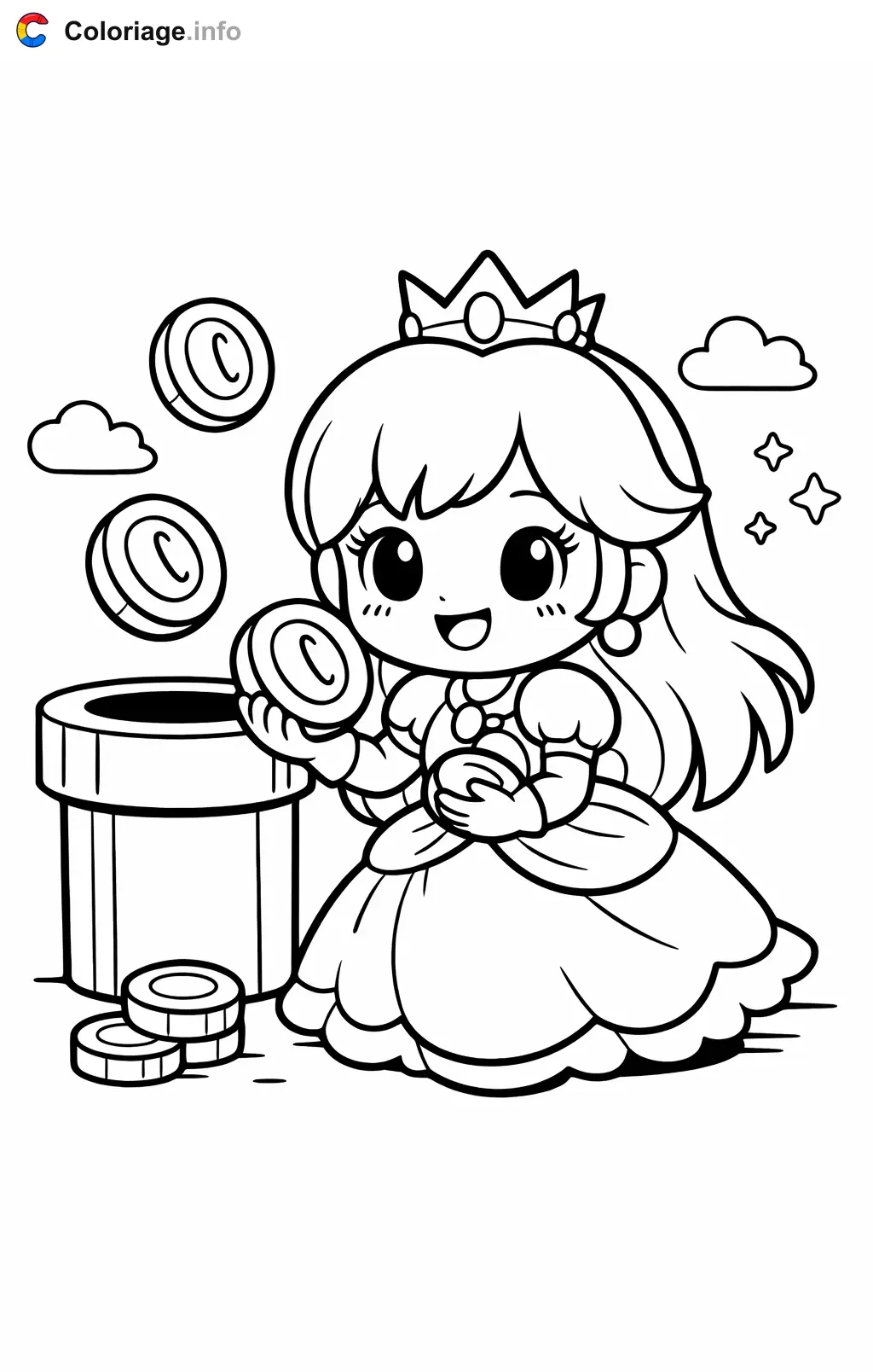 Coloriage Peach qui ramasse des pièces d'or - Peach à imprimer