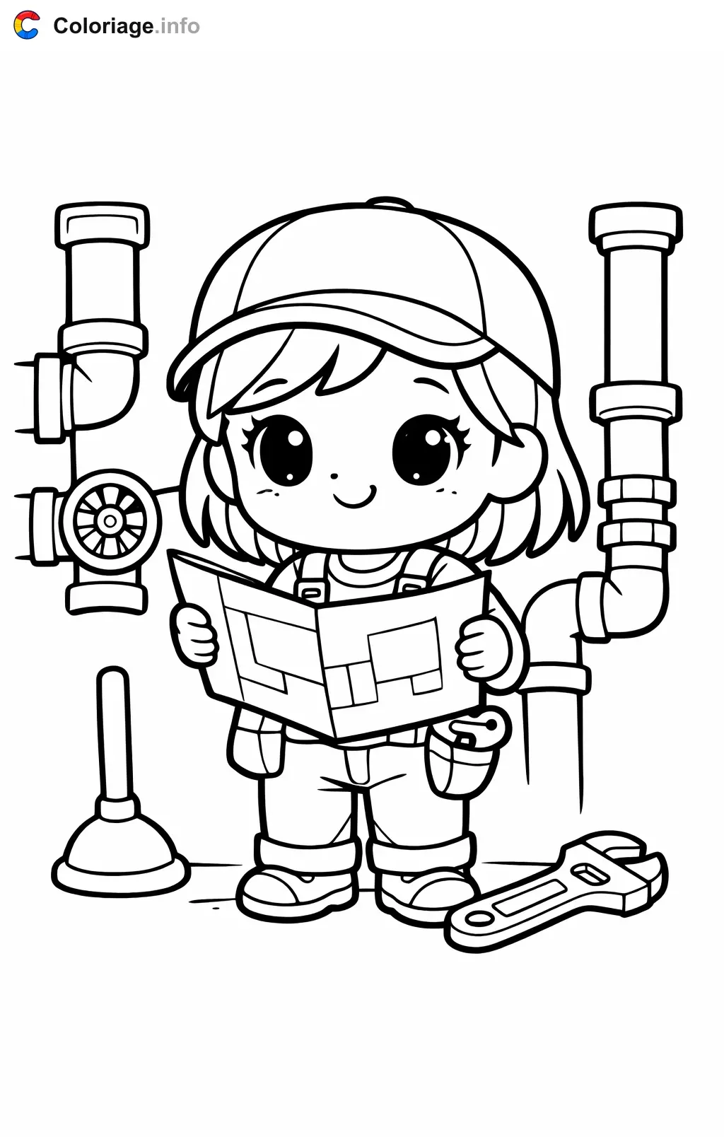 Coloriage Plombier lit les plans de tuyauterie - Plombier à imprimer