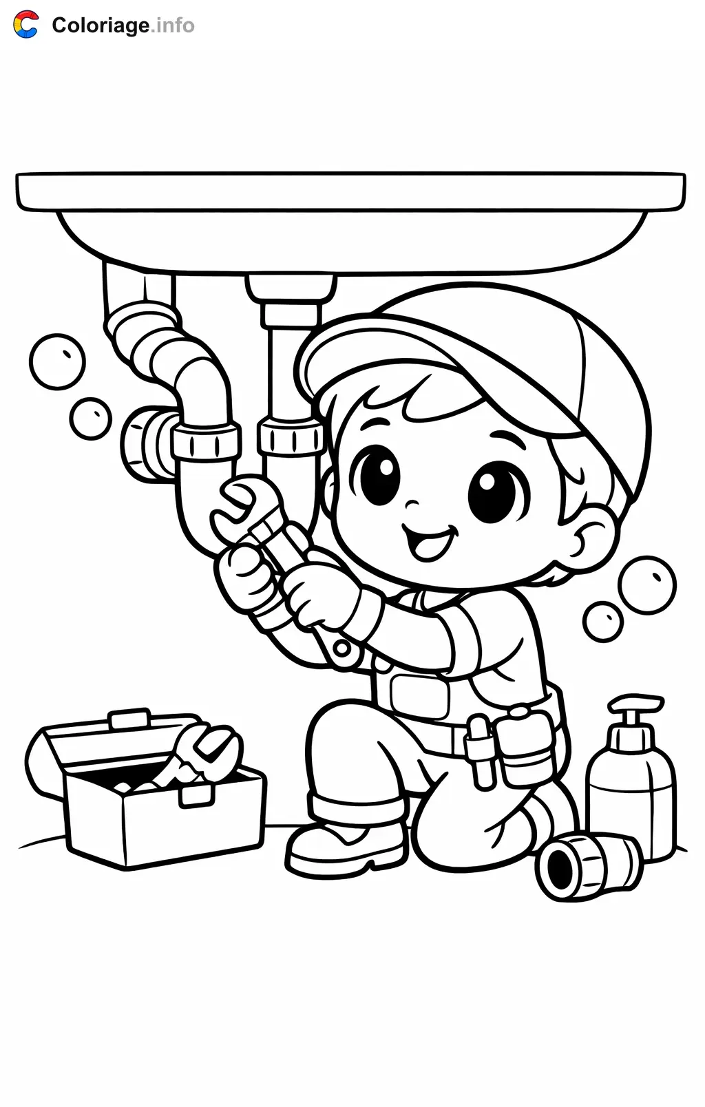 Coloriage Plombier serre les boulons du tuyau - Plombier à imprimer